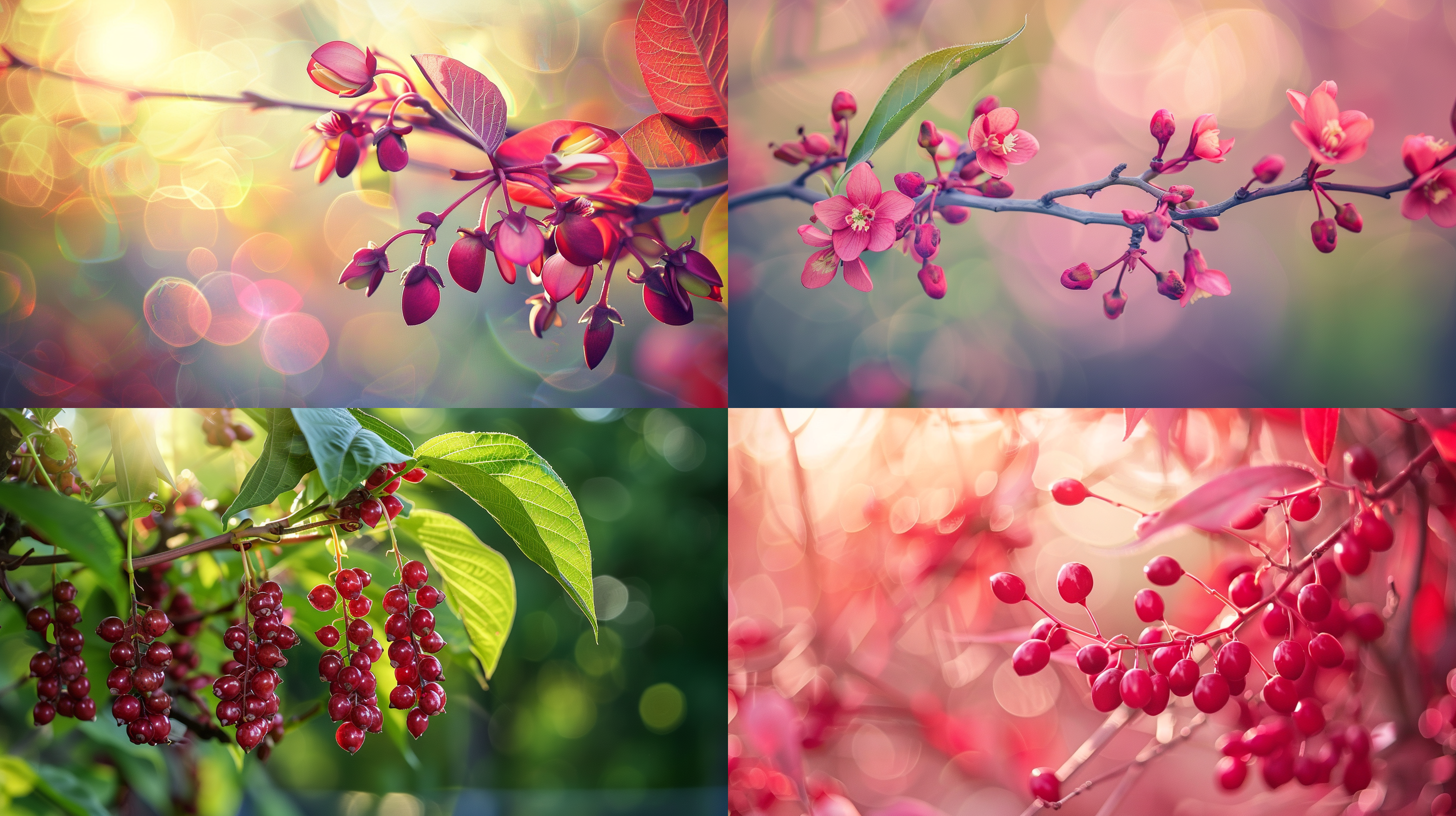 春天红豆树枝，特写镜头，自然光，柔和色调，细节丰富，生长茂盛，枝头挂满红豆，生机盎然，温暖氛围，微距摄影，静谧，希望。