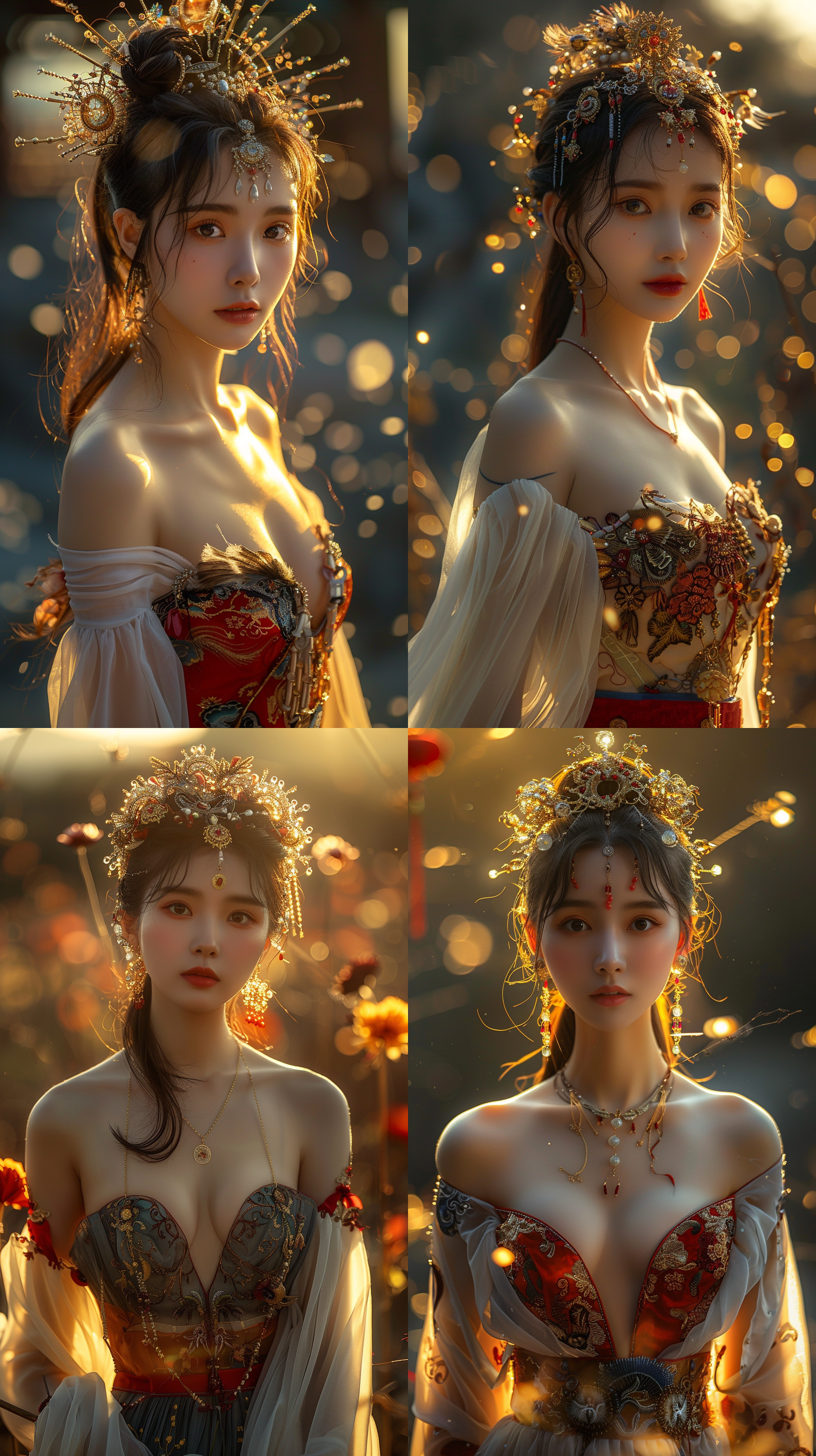 杰作，8k，最佳质量，优质构图，东方传说，中国神话，中国不朽，动态姿势，1女孩，神圣，黑发，长袖，红白服装融合，汉服，光环，连衣裙，发饰，半身肖像，面向观众，单发髻，额头标记，高光，柔焦，自然光，鲜艳色彩，神秘氛围。