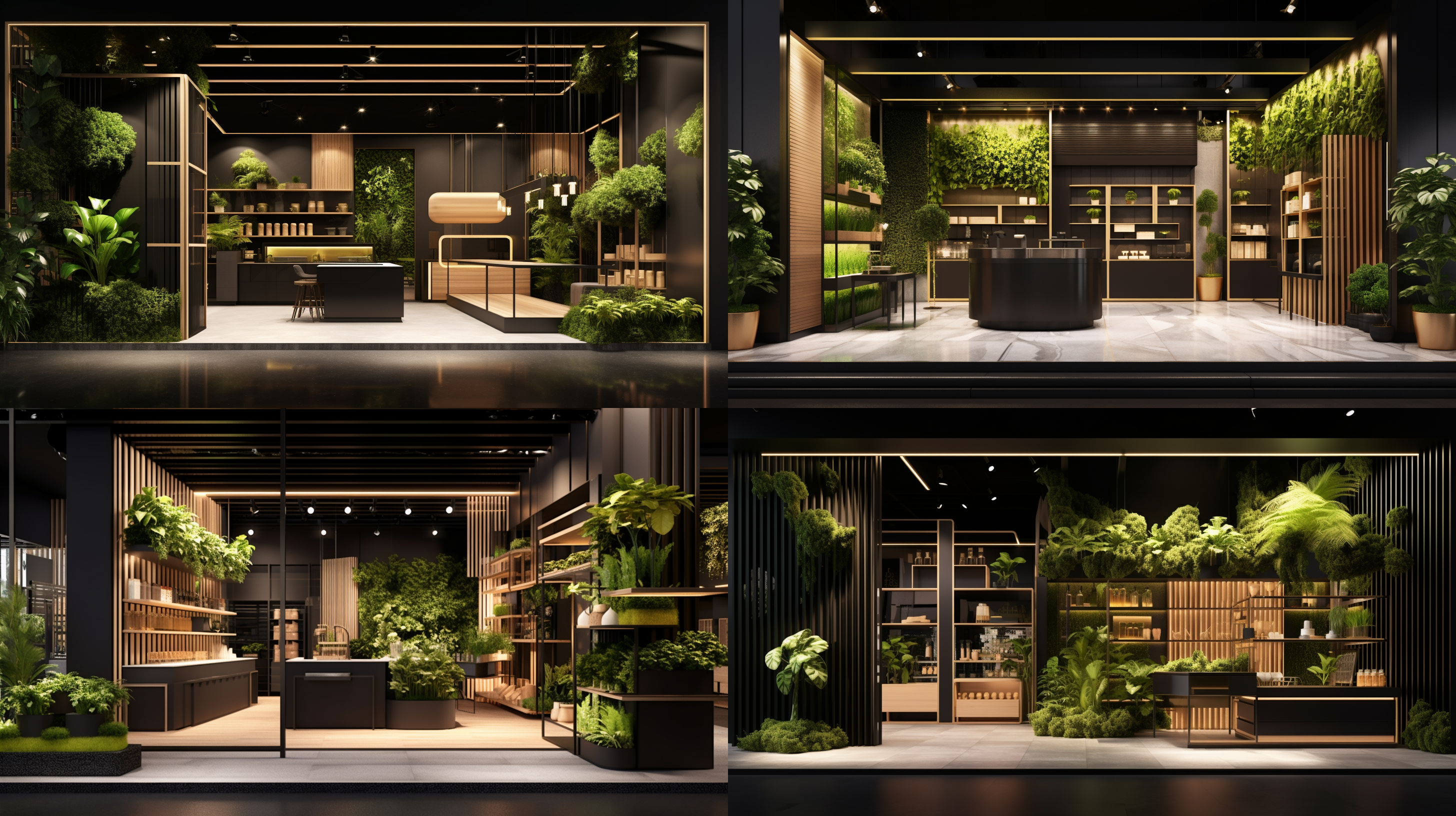 现代茂盛公寓作为店面，产品设计概念，灵感来自雪舟等杨，黑金配色，苔藓和蕨类植物，艺术印象，售罄活动，细节丰富，照片级真实细节，商人摊位，在artstation上流行，南十字星，居住，详细-n 9，产品-视图，阿卡迪亚。