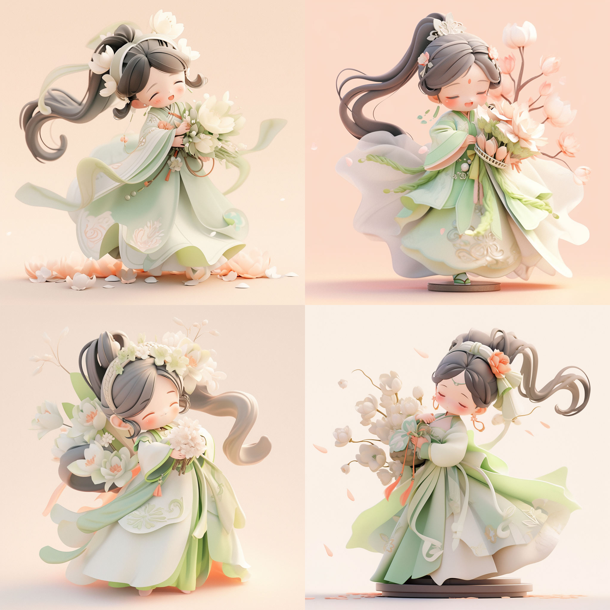 超可爱女孩，中式服装，马面裙，手捧花，泡泡玛特风格，3d模型，盲盒系列，手办，统一背景，浅色系列，柔光，细节丰富，表情甜美，立体感强。