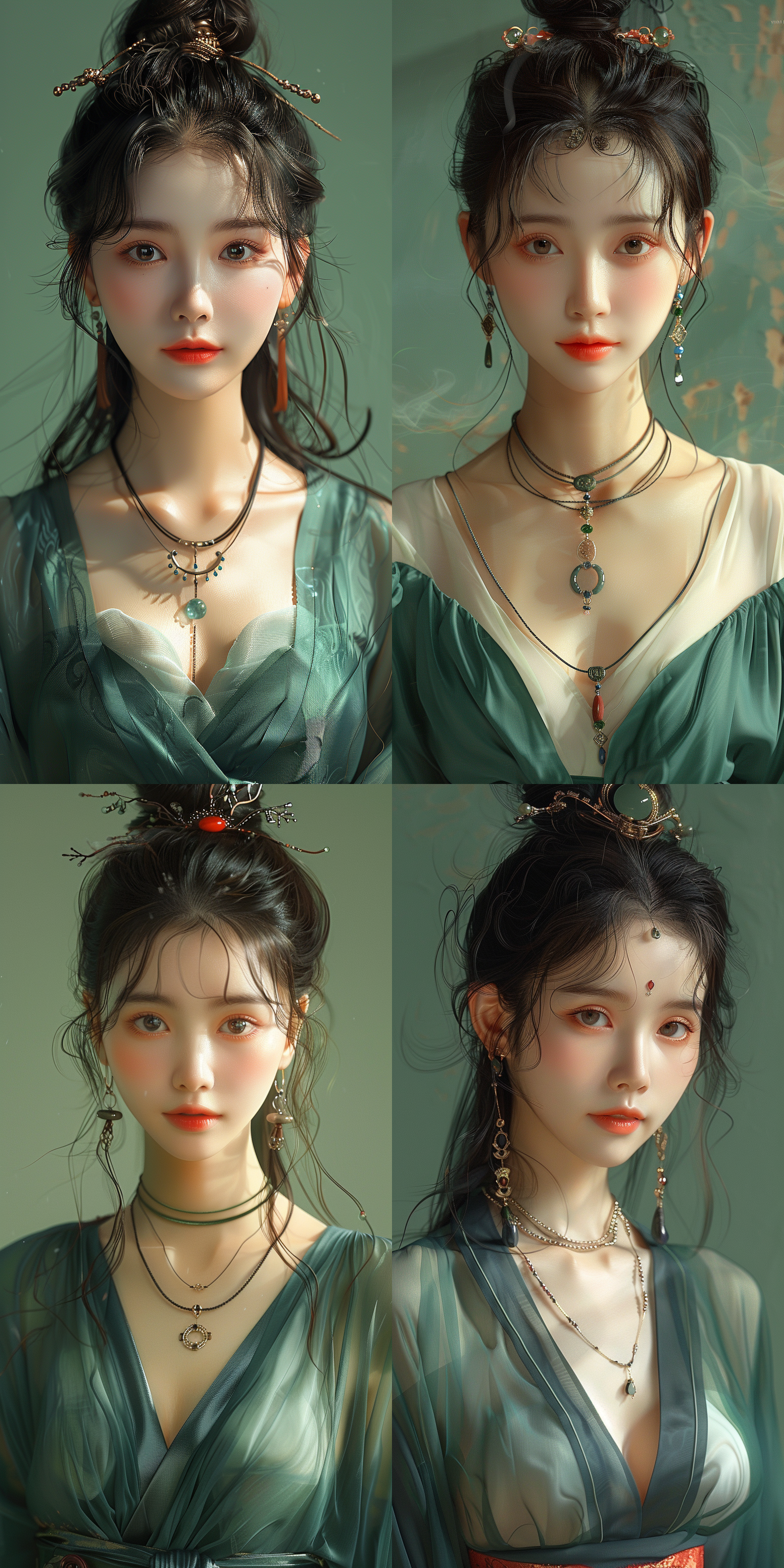 工笔画女孩，黑色长发，绿色汉服，珠宝纠结，圆脸，极简主义，几何形状，哑光浅绿背景，新流行插图风格，动画gif，dolly kei，卡通人物，特写头部，粗体卡通石版画，看镜头，细腻线条，柔和光线，静态美。