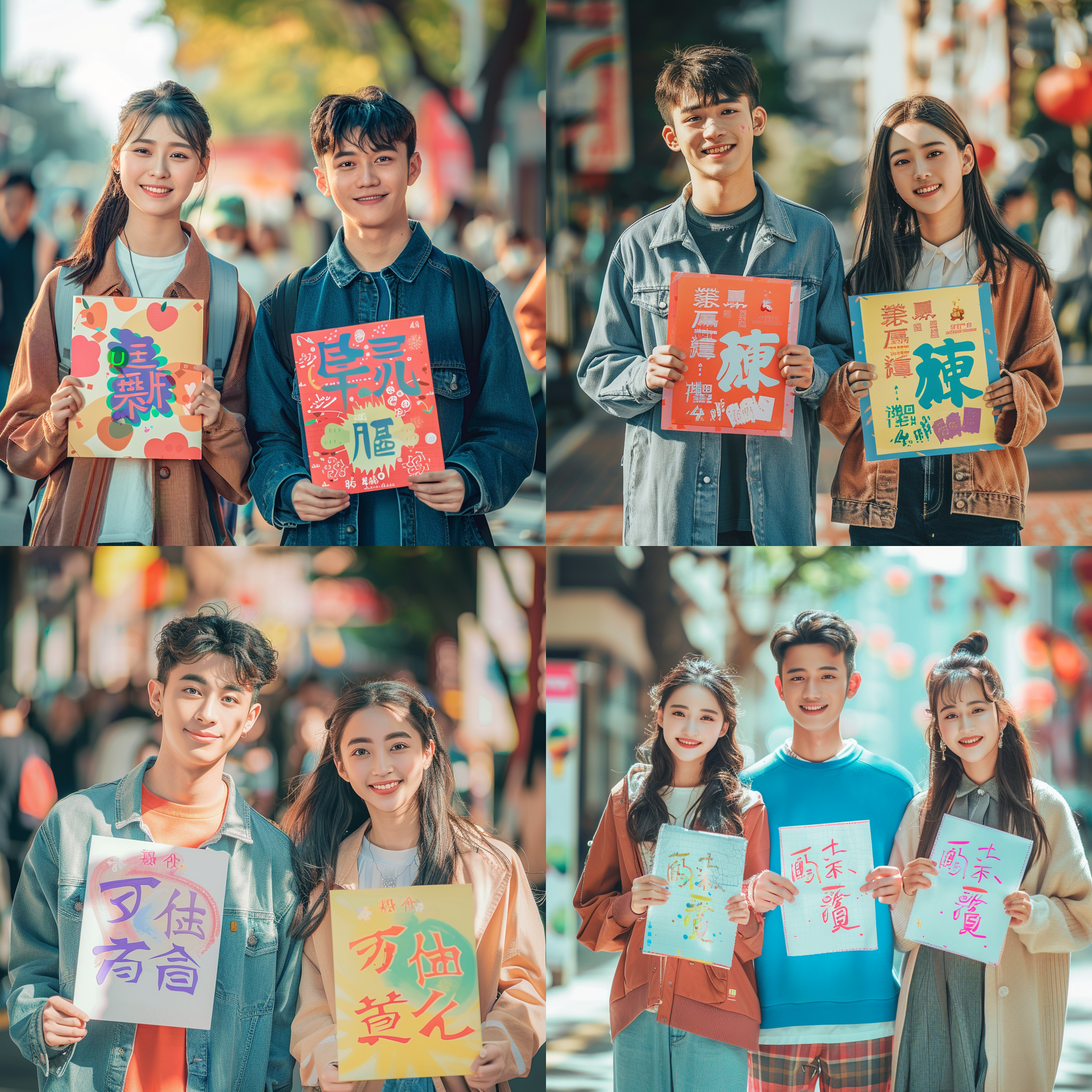 “六一”儿童节，英俊少年与美丽少女，手持ai数字经济宣传牌，欢乐氛围，对称构图，鲜艳色彩，自然光，微笑表情，现代时尚装扮，正面特写，清晰焦点，活力四溢。