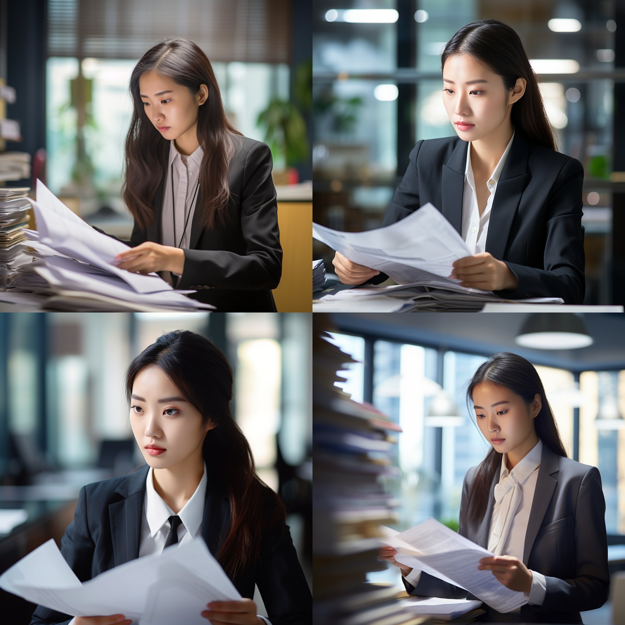 中国姑娘在办公室看文件，专注表情，现代办公室环境，柔和自然光，中景，浅景深，冷色调，文件细节清晰，人物着职业装，沉思姿态。