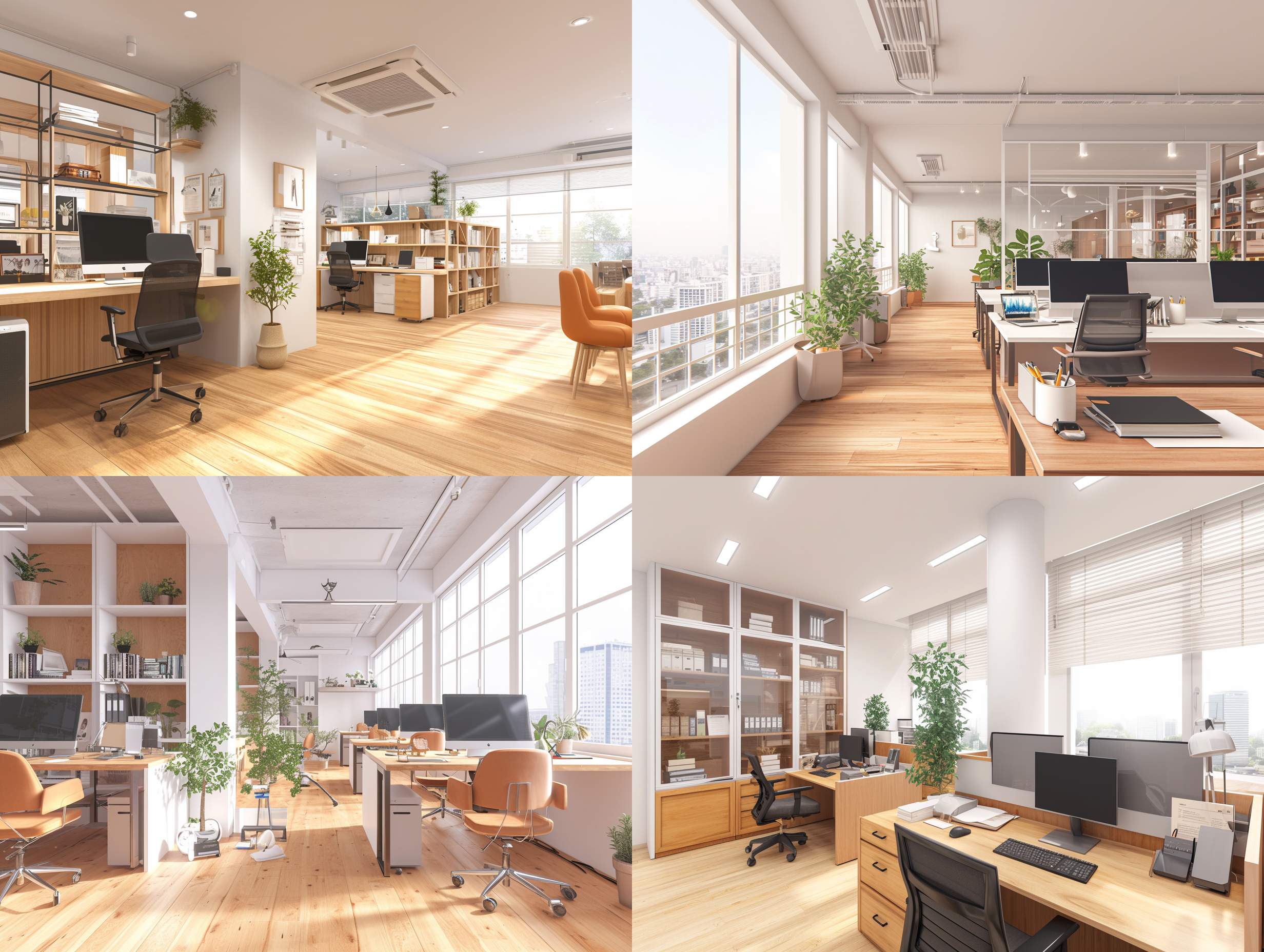 工作场景，自然采光，清晰的细节，中性色调，和谐的布局，室内干净装修简约，静态构图，对称构图，室内照明，清洁感，工作效率，专注表情，现代办公设备，柔和光线，冷静氛围。