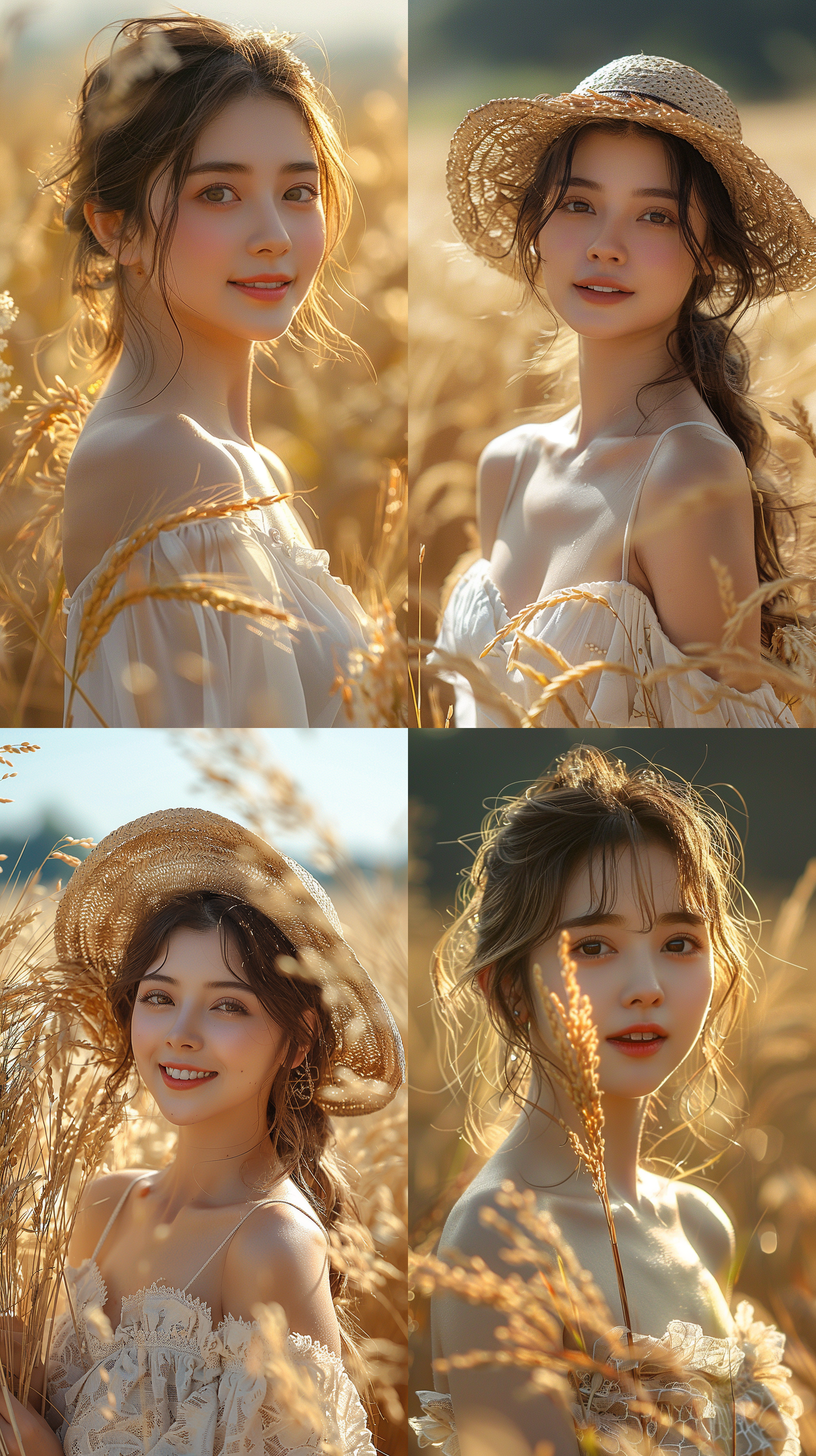 小满节气，稻田金黄，美女微笑，手持稻穗，自然光，柔和色调，长焦镜头，前景虚化，温暖氛围，希望与收获。