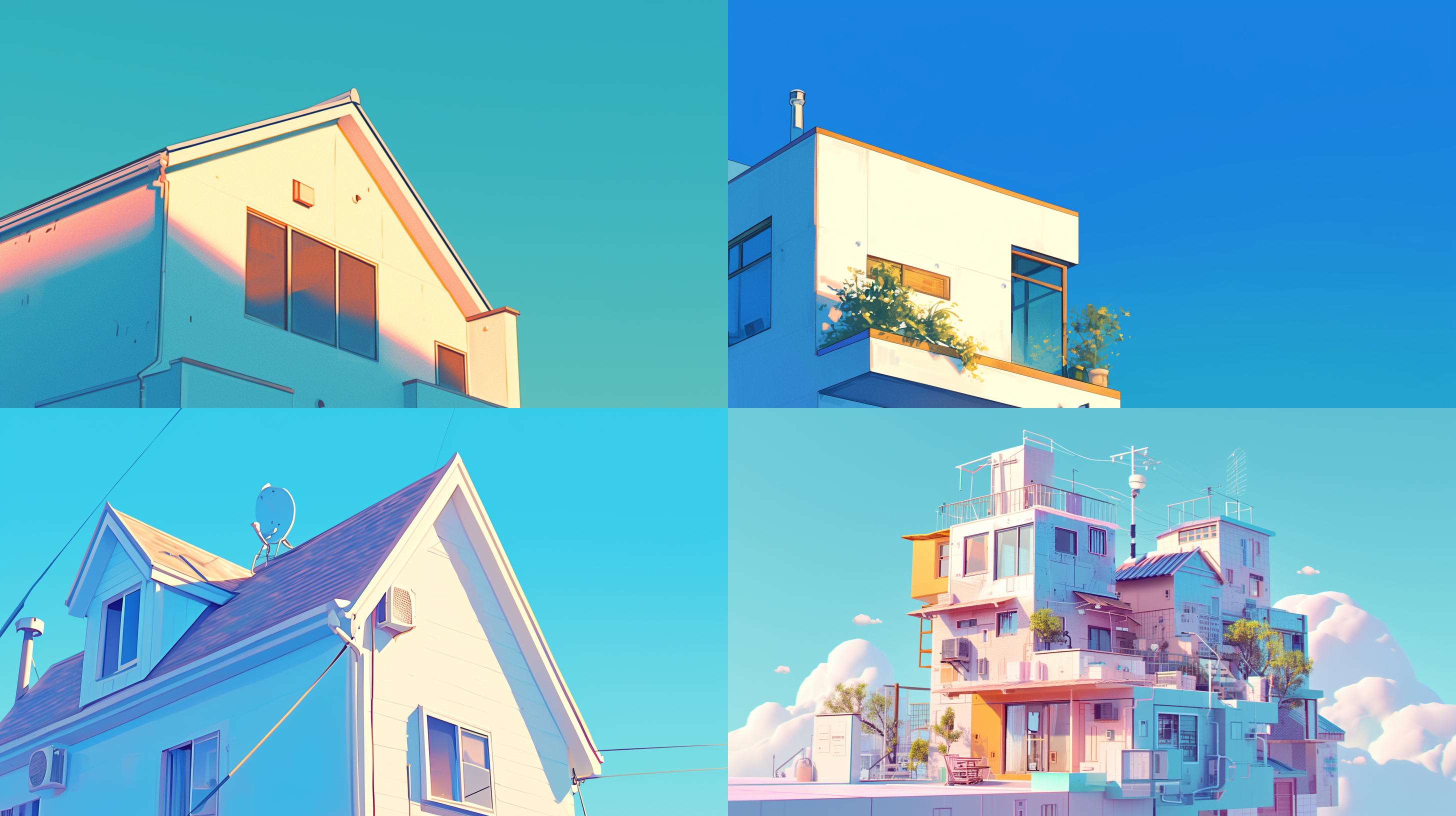 房子外形，极简造型，背影，卡通房子，特写镜头，细节清晰，现代简约风格，微距摄影，精致，极简，明亮背景，柔和光线，细节突出，色彩纯净。