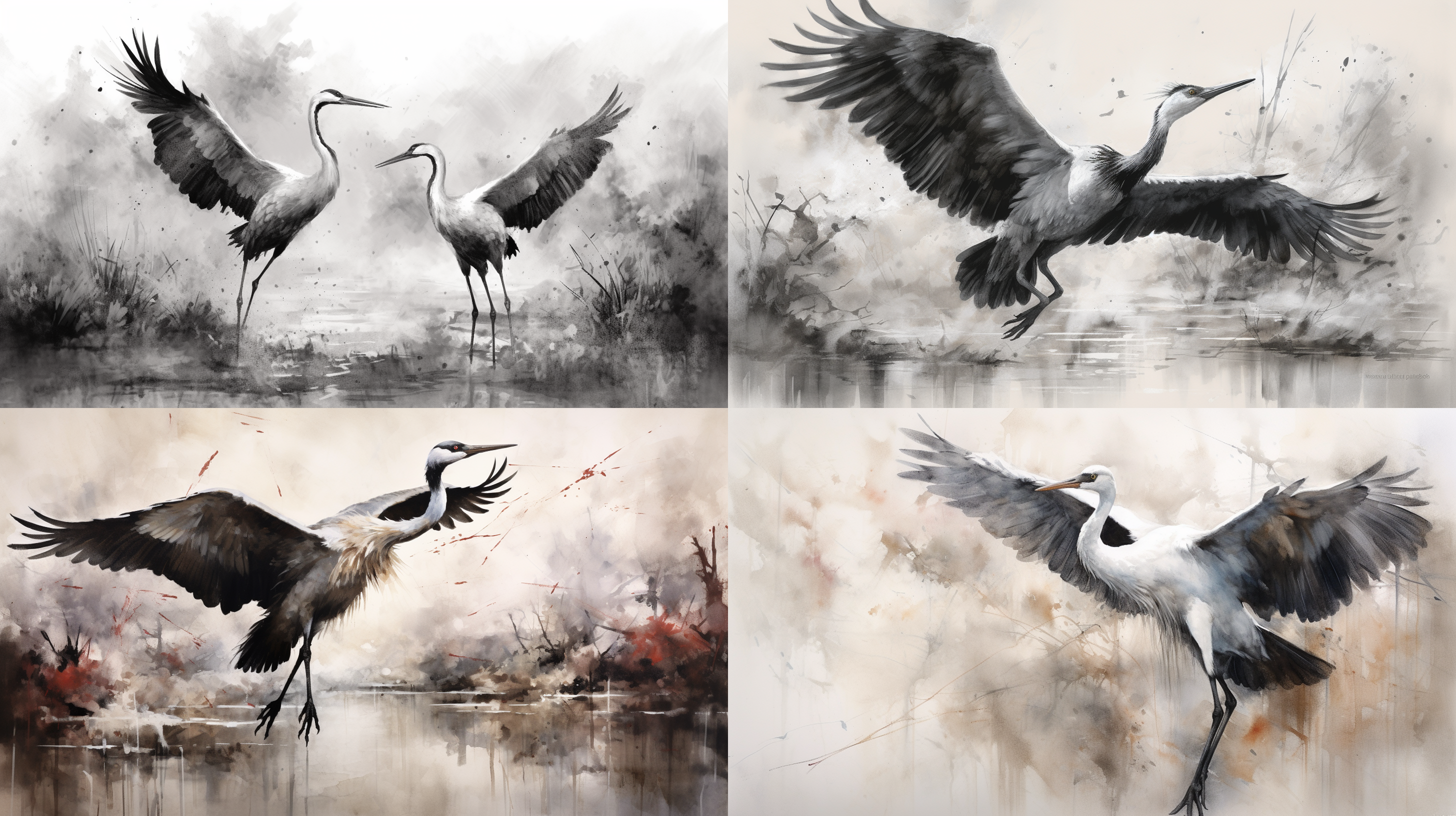 中国画丹顶鹤，多只前后层次，动与静组合，泼墨写意，笔触奔放大胆，全景构图，多留白，黑白水墨效果，动态捕捉，深浅对比，自然环境，传统与现代结合。