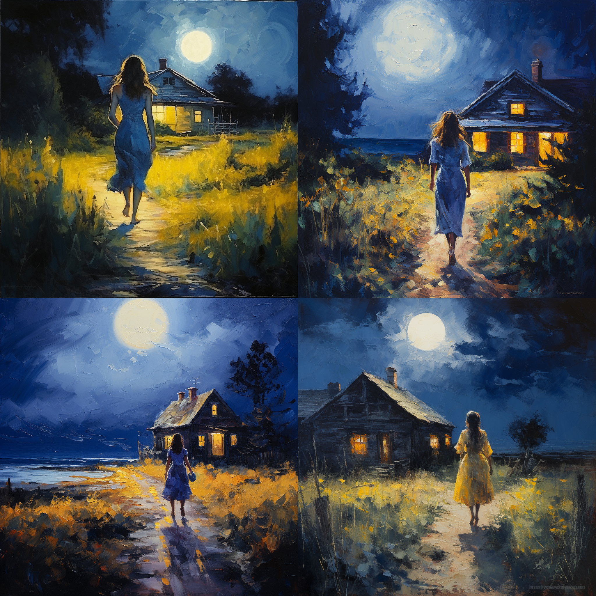 卷发女人，月光下散步，背影，油画风格，蓝色黄色对比，半山腰木屋，远景，柔和光线，长焦镜头，宁静，优雅，浪漫。