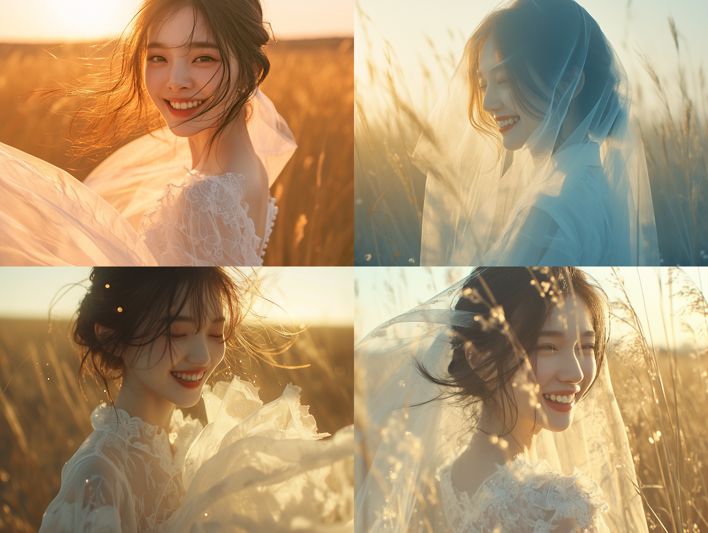 美丽的年轻中国女人，大笑，薄纱面纱，白色婚纱，风吹的头发，狂野的田野，背光，相机闪光灯，contre jour，黄金时段，昏暗的黑暗，头特写，pov，自拍，低角度，超现实，对角线照片-风格原始，自然光，动态捕捉，情感表达，细节清晰，色彩饱和，背景模糊。