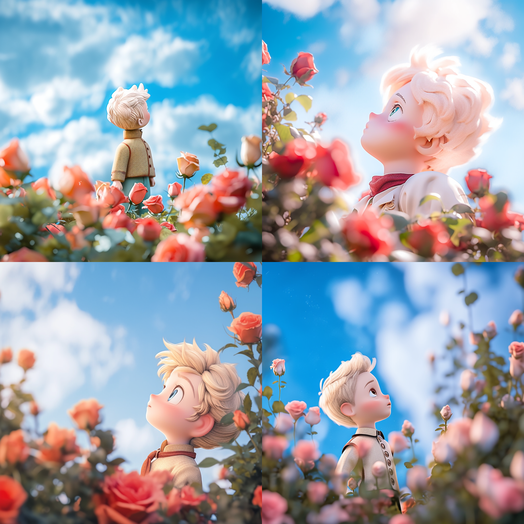 小王子站在玫瑰花园中，眼神忧伤，仰望蓝天白云，中景构图，自然光，柔和色调，长焦镜头，浅景深，静态，沉思，孤独。