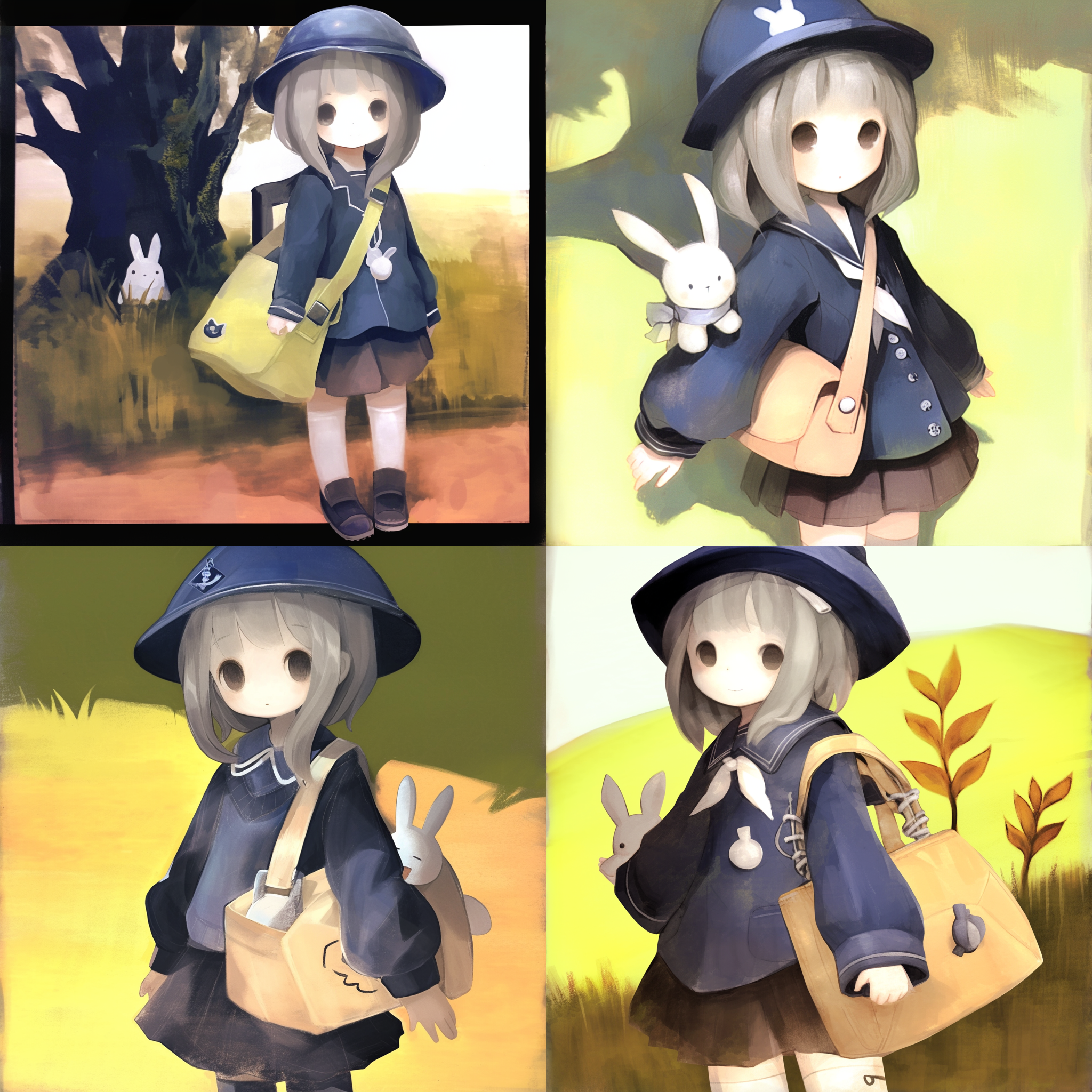 小女孩灰白短发，挎黄色的挎包，挎包上有只玩具兔子，蓝色校服，褐色裙子，蓝色圆顶礼帽，阳光下，自然光，黄昏，秋天，公园 声之形 草地