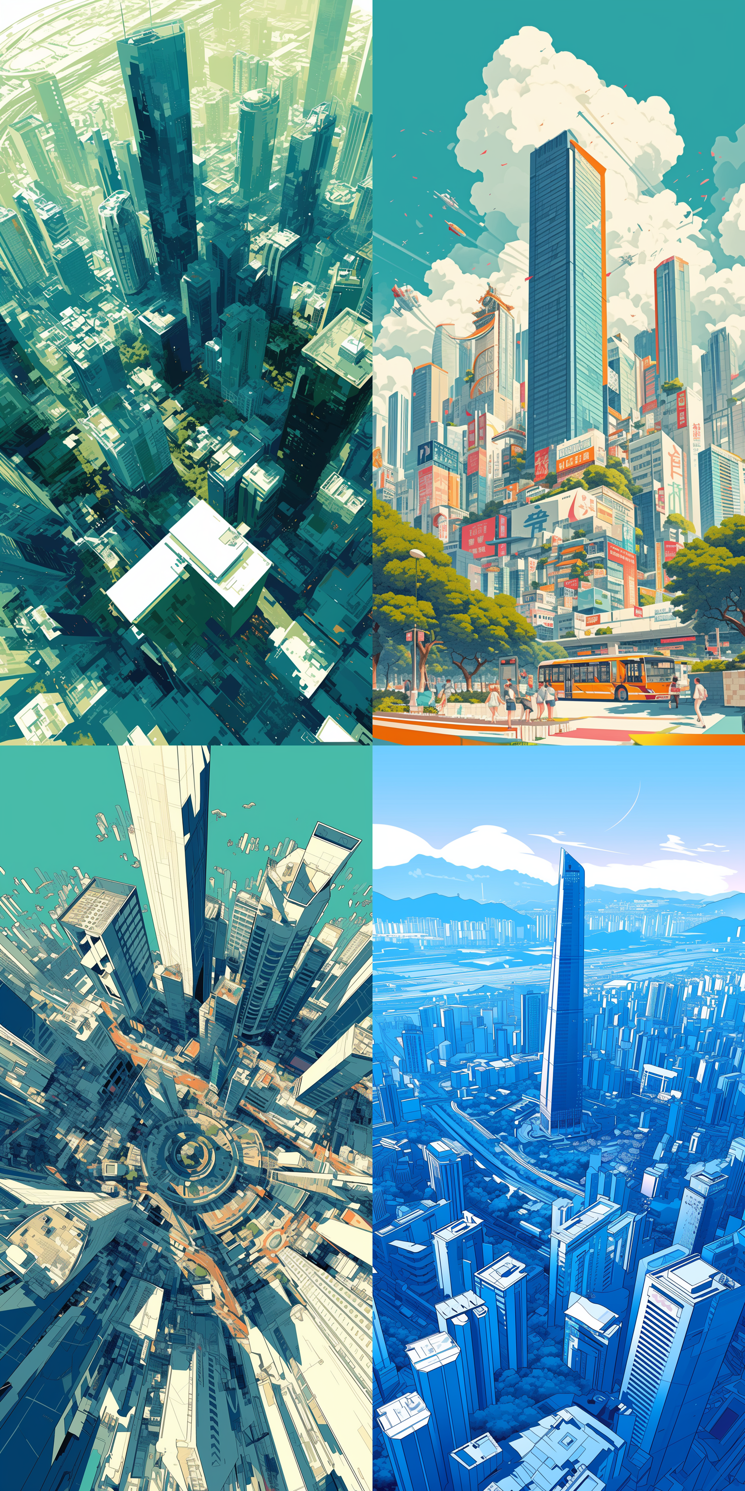 深圳城市矢量插画，城市地标建筑为中心，蓝绿色调，科技感，未来之城，大胆流畅线条，古典主题，木版画技法，细节丰富的人物设计，散点式透视，对称构图，鲜明对比，暖色调，刺激，矢量图形，高光细节，锐利边缘，平滑渐变，数字艺术，现代感，动态构图，视觉焦点，色彩饱和，情感强烈。