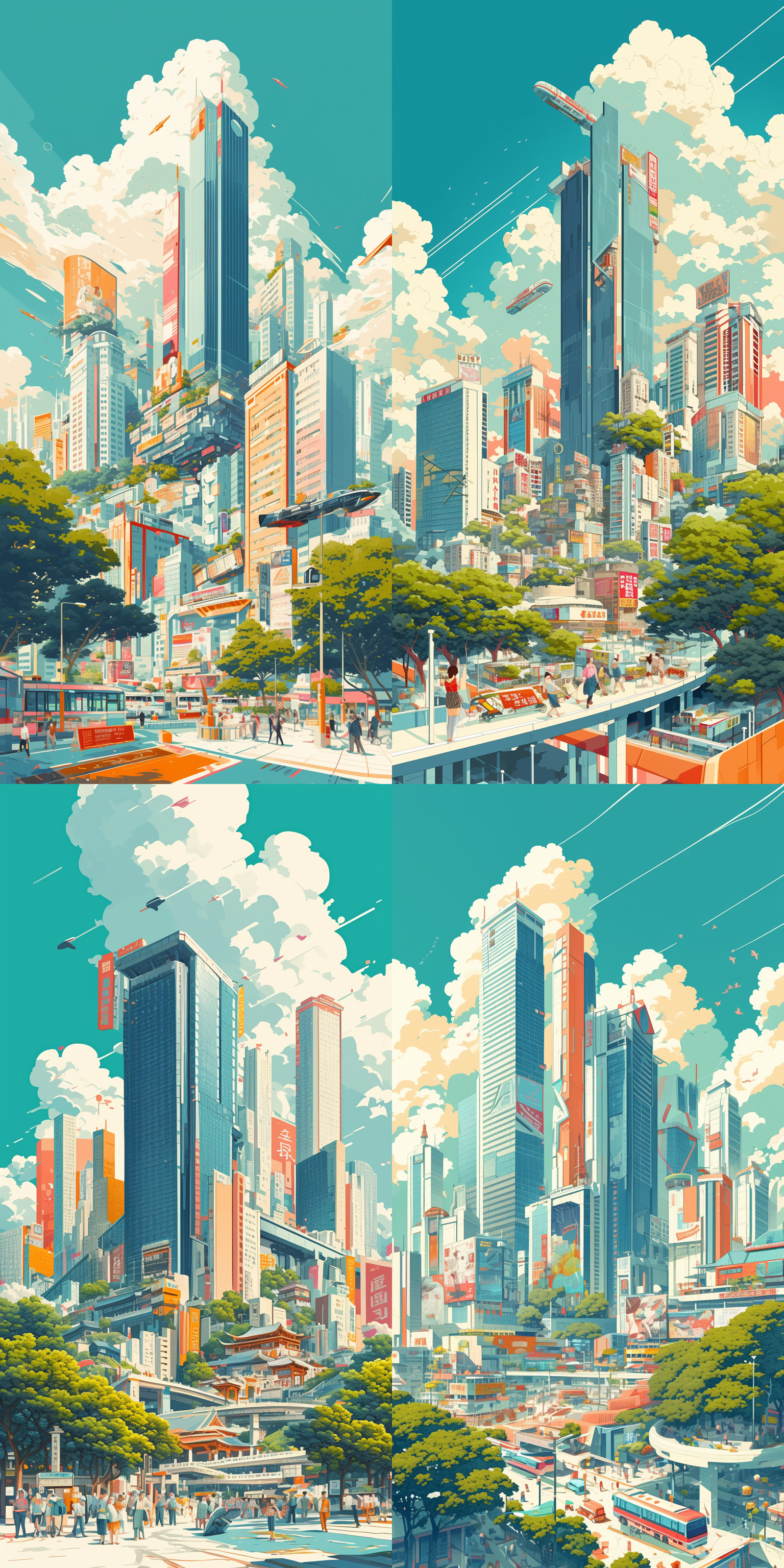 深圳城市矢量插画，城市地标建筑为中心，蓝绿色调，科技感，未来之城，大胆流畅线条，古典主题，木版画技法，细节丰富的人物设计，散点式透视，对称构图，鲜明对比，暖色调，刺激，矢量图形，高光细节，锐利边缘，平滑渐变，数字艺术，现代感，动态构图，视觉焦点，色彩饱和，情感强烈。