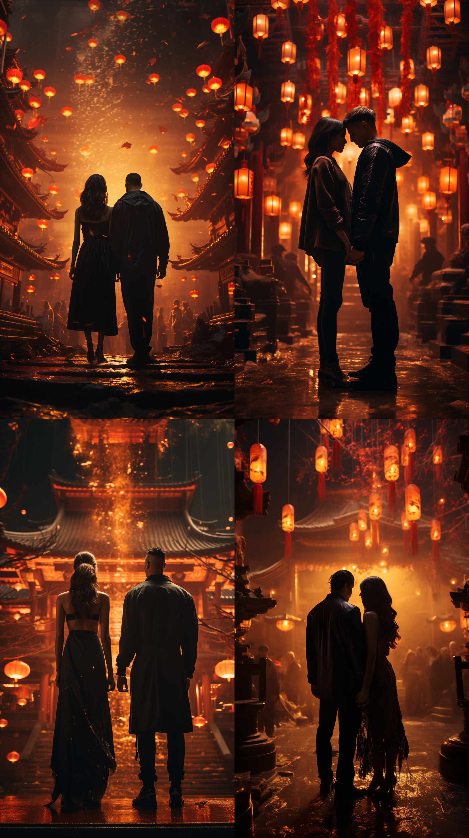 一对站在中国寺院的情侣，明亮的光线，电影的质感，神秘的感觉，东方美学，8k，高清