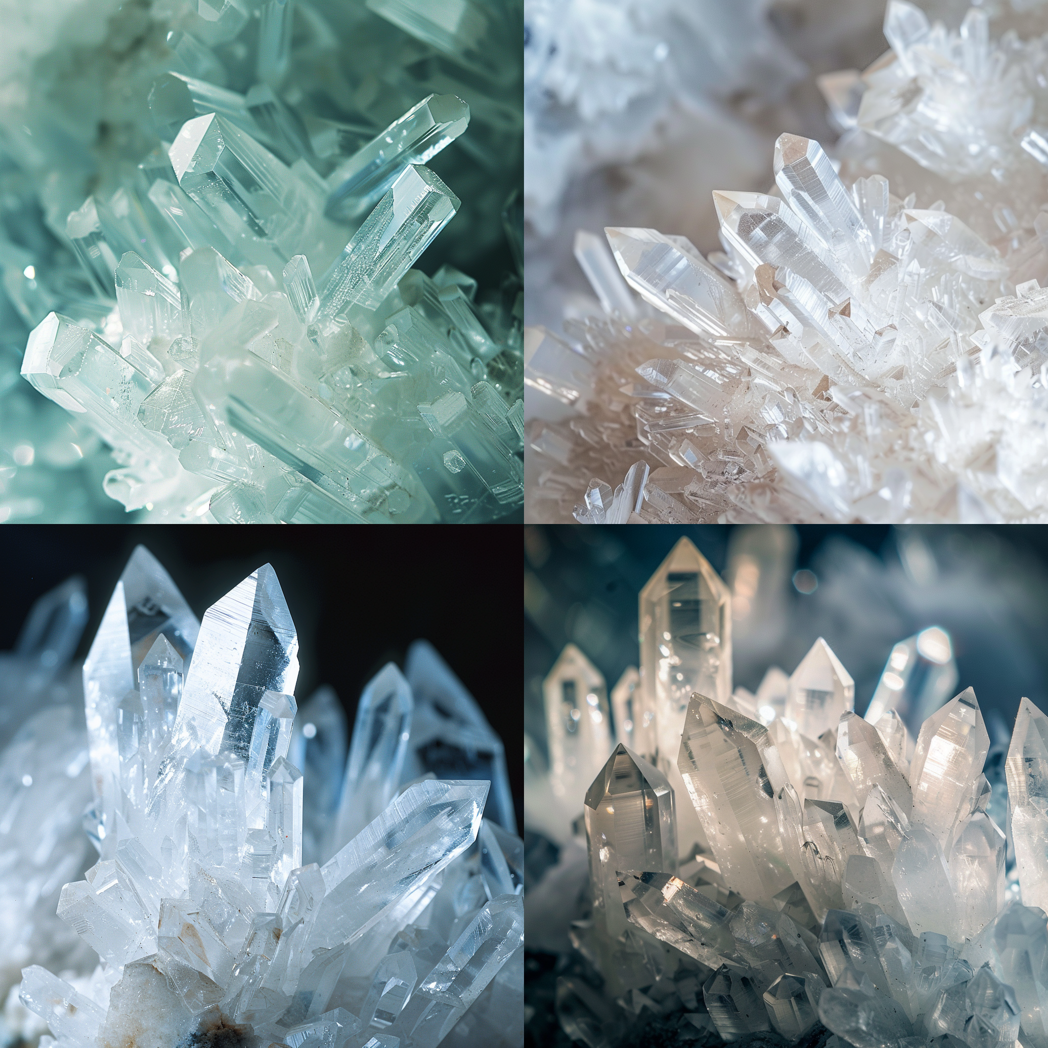 白水晶特写，微距镜头，自然光，透明质感，高光反射，纯净背景，细节清晰，冷色调，神秘感，静谧氛围。