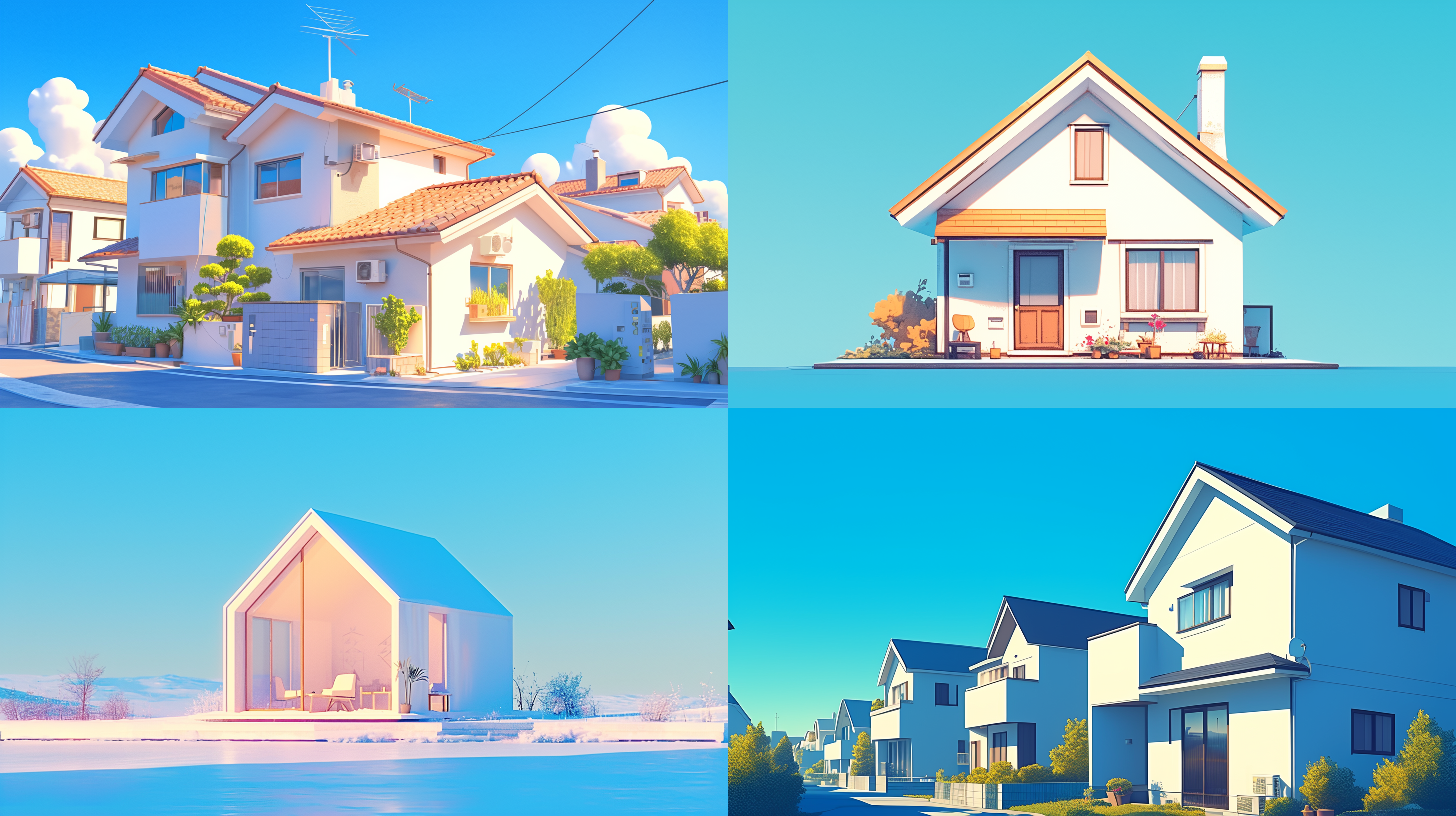 房子外形，极简造型，背影，卡通房子，特写镜头，细节清晰，现代简约风格，微距摄影，精致，极简，明亮背景，柔和光线，细节突出，色彩纯净。