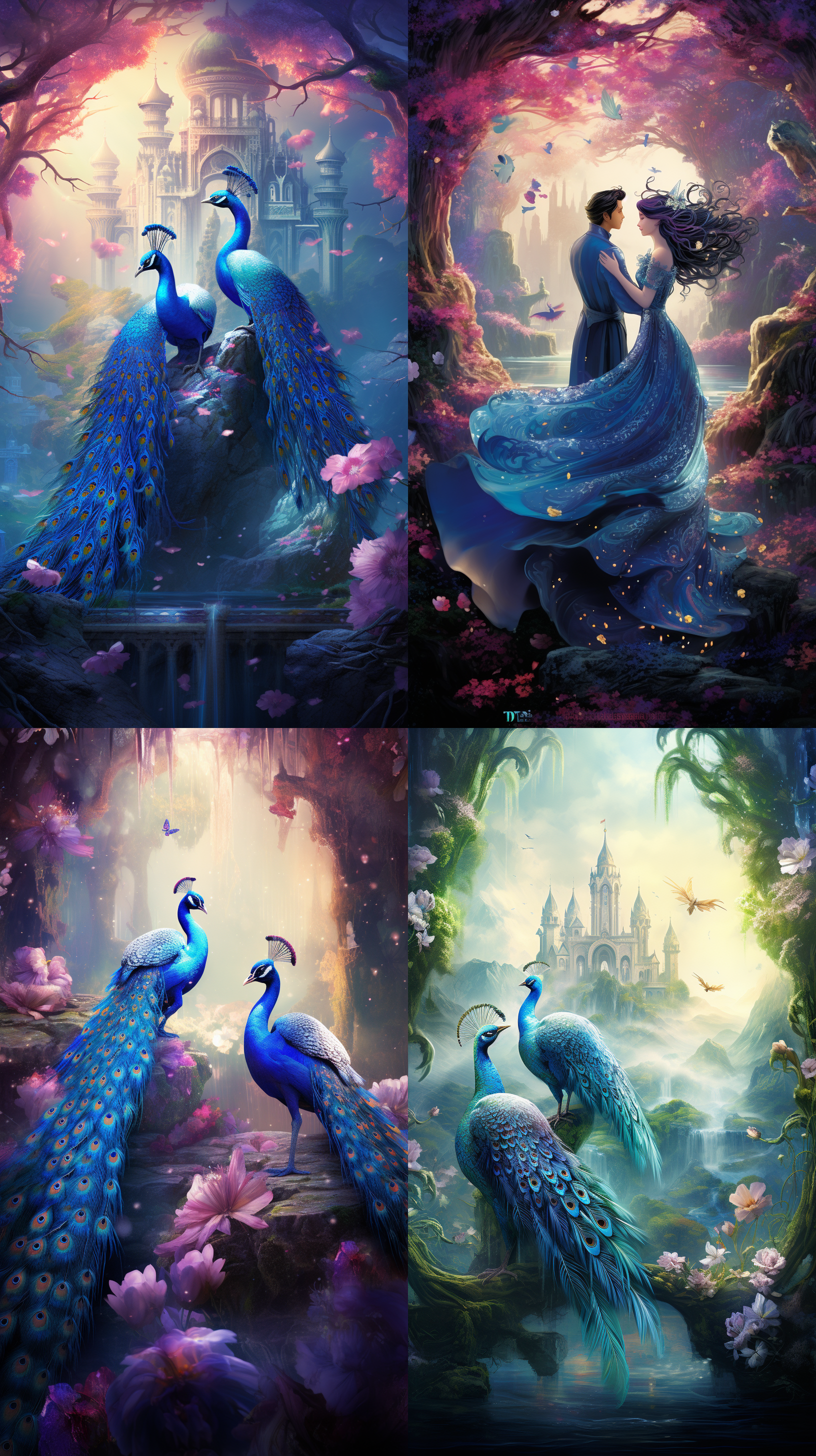 两只孔雀开屏，一只蓝彩色，一只白彩色，四周云雾缭绕，有彩色蝴蝶飞舞，亭台楼阁，画面干净，如同仙境 高品质，高细节，高分辨率，8k