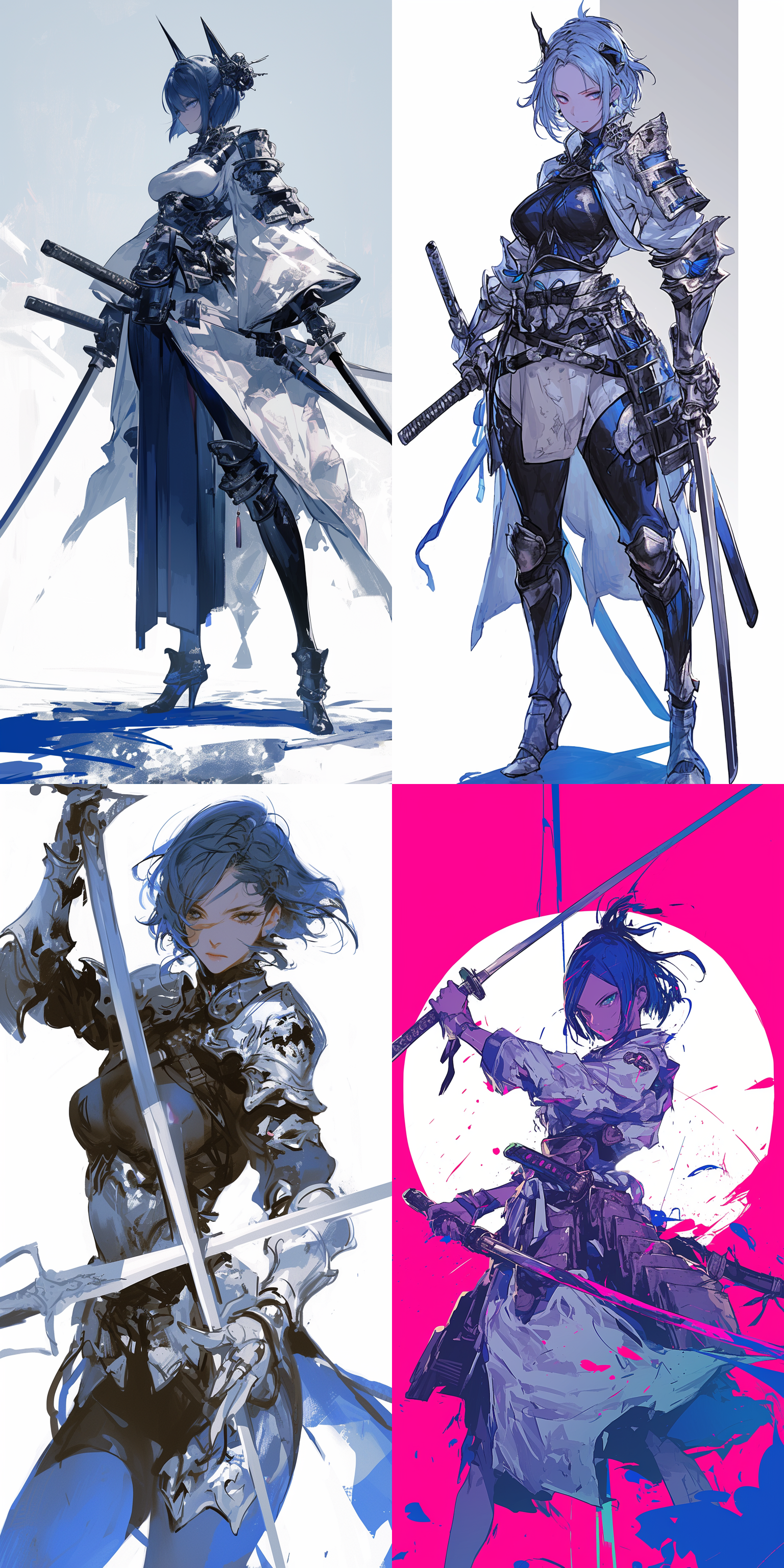 穿银青色武士铠甲的女孩，身材精壮优美，青色短发，眼型凶恶，手持两把直太刀，出刀姿势，二次元漫画风格，高光处理，力量感，动态感，高对比度，锐利线条，低角度拍摄。