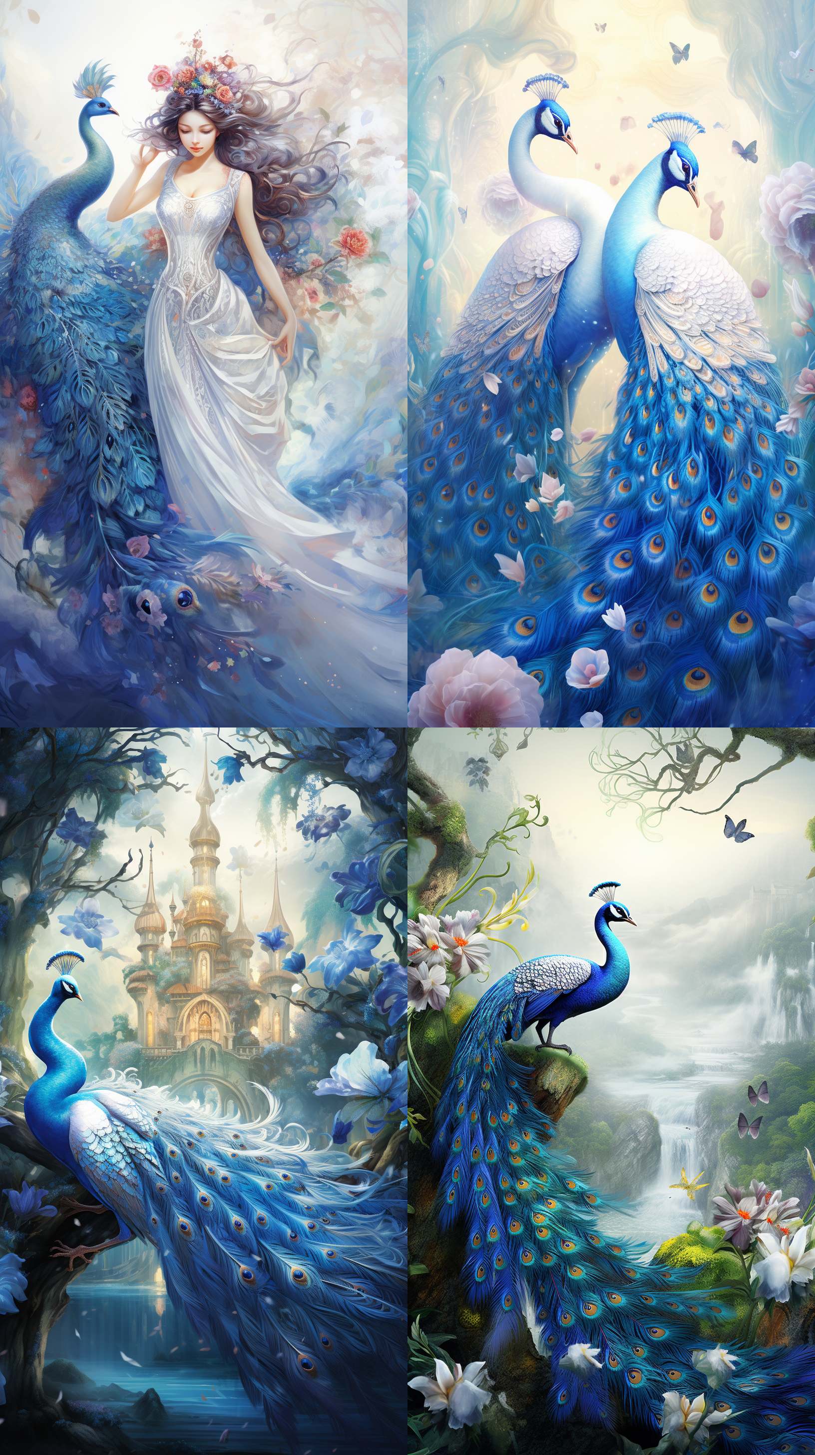 两只孔雀开屏，一只蓝彩色，一只白彩色，四周云雾缭绕，有彩色蝴蝶飞舞，亭台楼阁，画面干净，如同仙境 高品质，高细节，高分辨率，8k