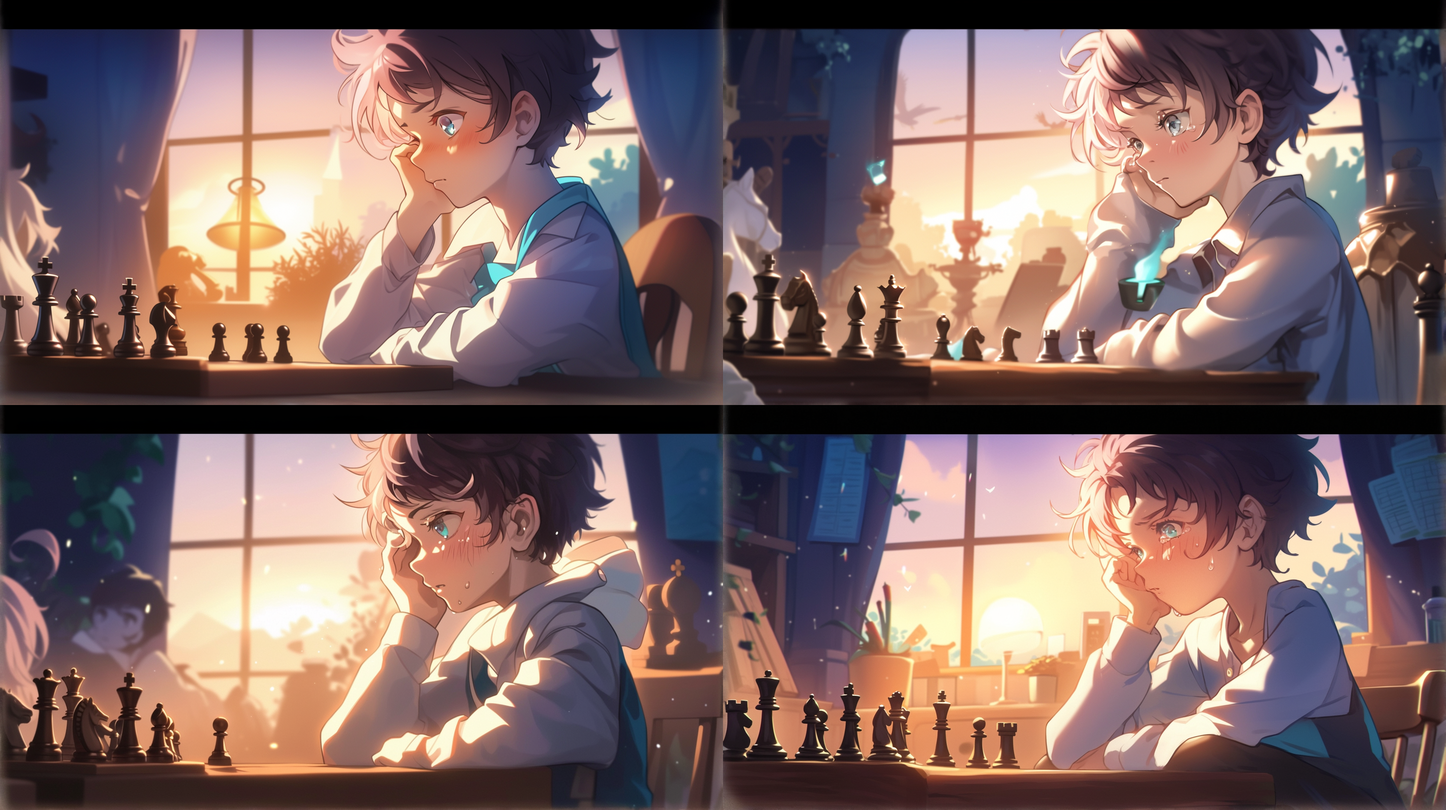 男孩夜晚灯下练棋，专注表情，房间内，暖光，特写镜头，侧光，低光环境，黑白风格，沉思，专注。