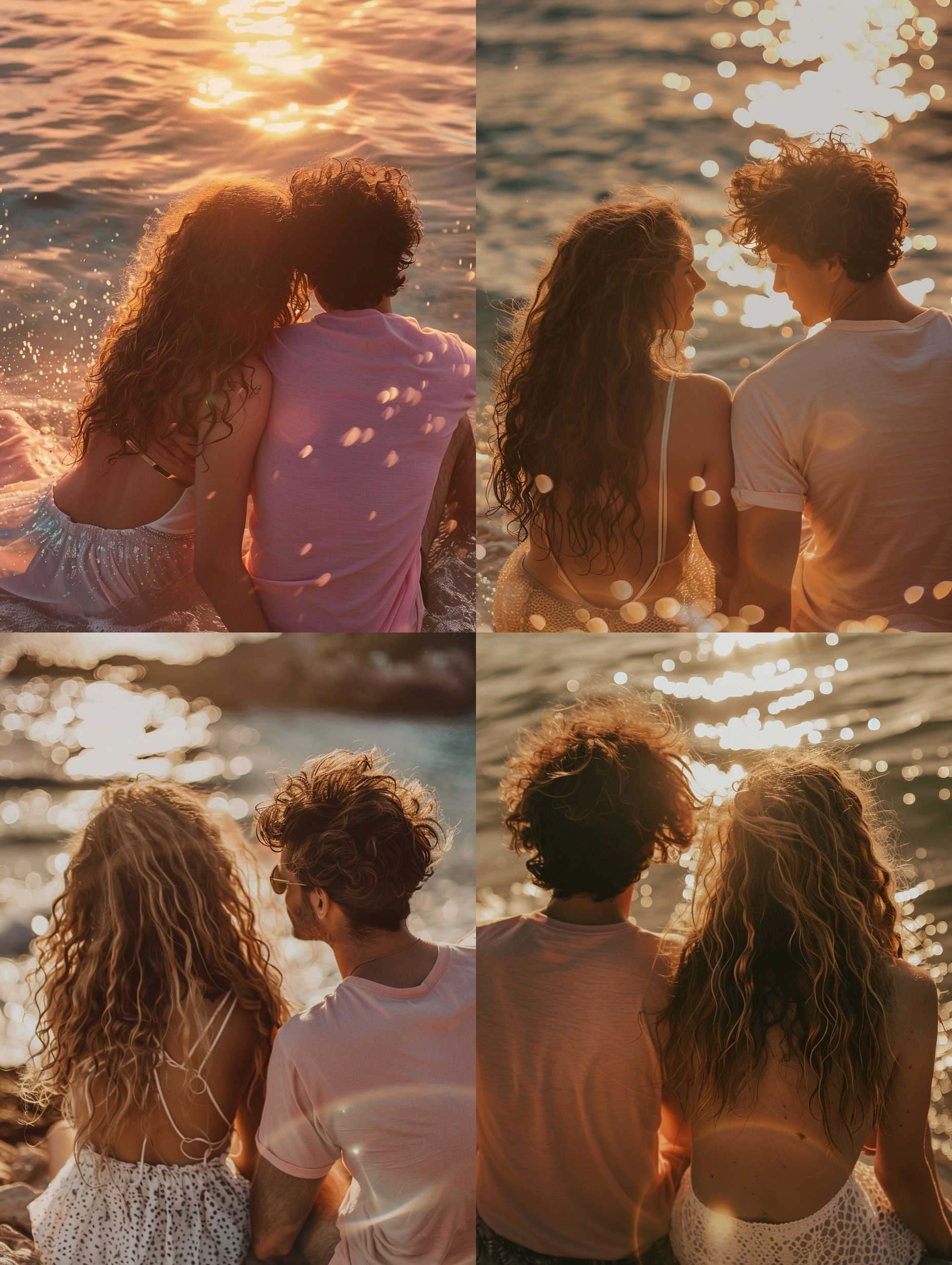 一个男人和女人依偎一起看日落，背影，场景温馨，画面暖色调，坐在海边，女人长发卷发，女人穿白色裙子，露背，皮肤白皙，质感清晰，皮肤纹路清晰，男人粉色t恤，太阳落了一半，海绵上波光粼粼，超清画质，4k画质