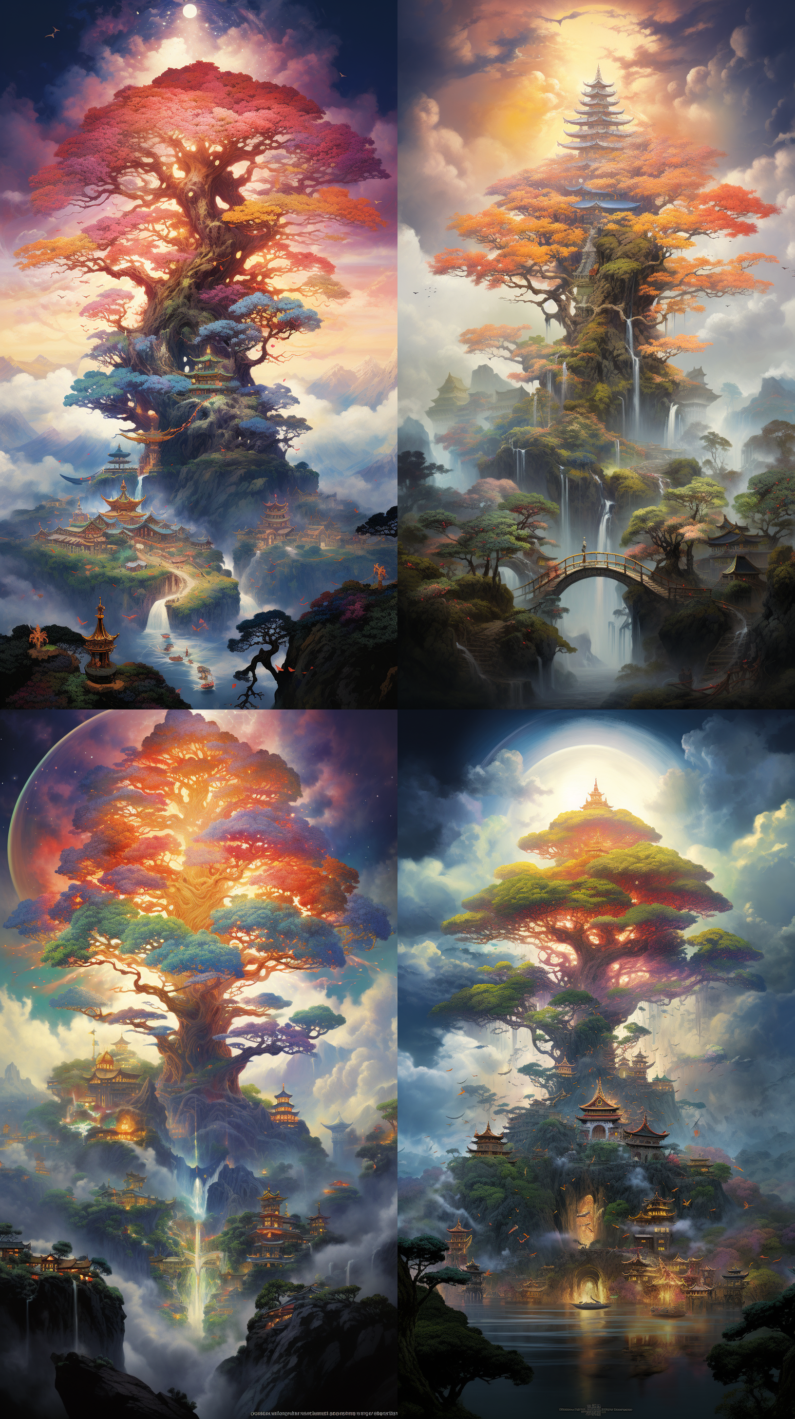 中国神话中的如意树，树闪着七彩的光芒，无数金 光闪闪的人参果，鲜艳的花朵和彩色的叶子，云雾缭绕，花树摇动，亭台楼阁，画面干净，如同仙境 高品质，高细节，高分辨率，8k