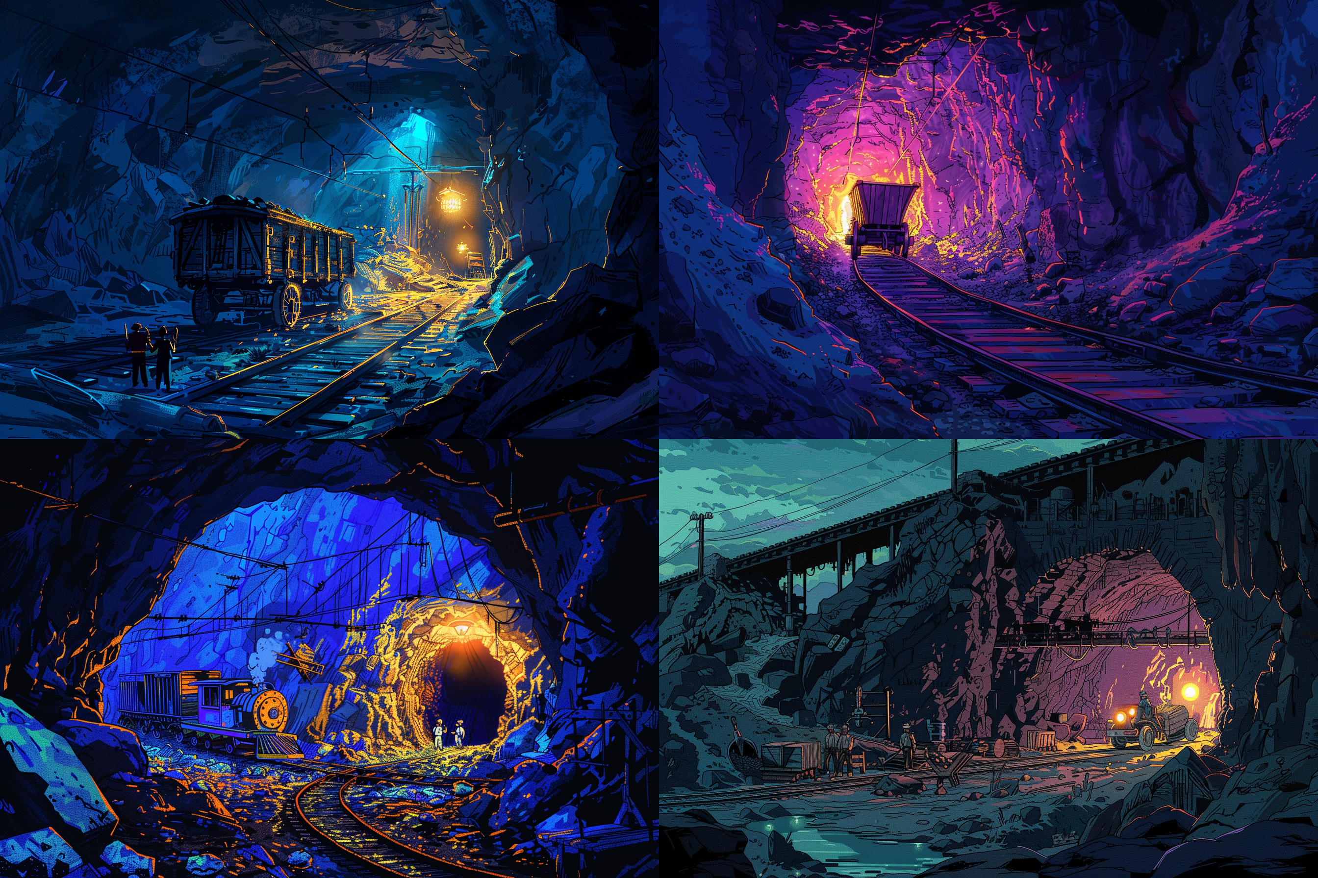 手绘风格，矿洞中，矿车，工具，矿井，人物，线稿，手拿工具，采矿，灯光，动作，色彩丰富，欢乐，60年代