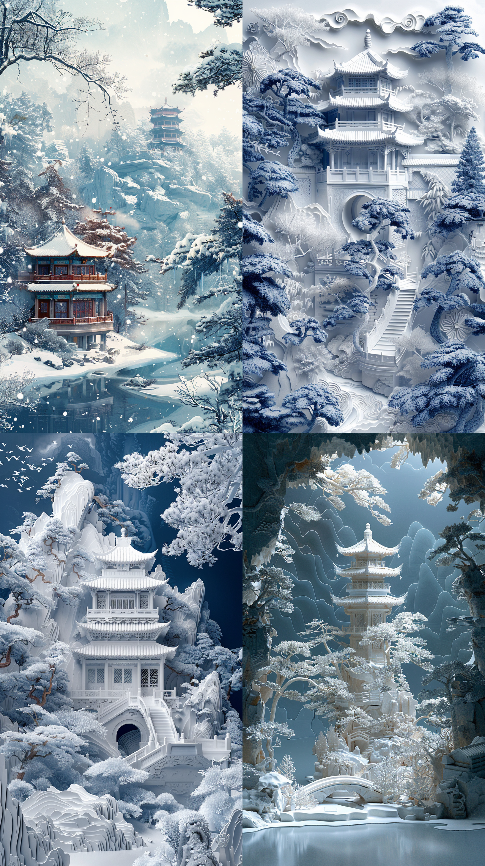 冬天的风景，茂密的树林，亭子，文昌塔，白底中国画，蓝白色，纸质插画：2，3d浮雕，8k，高清，