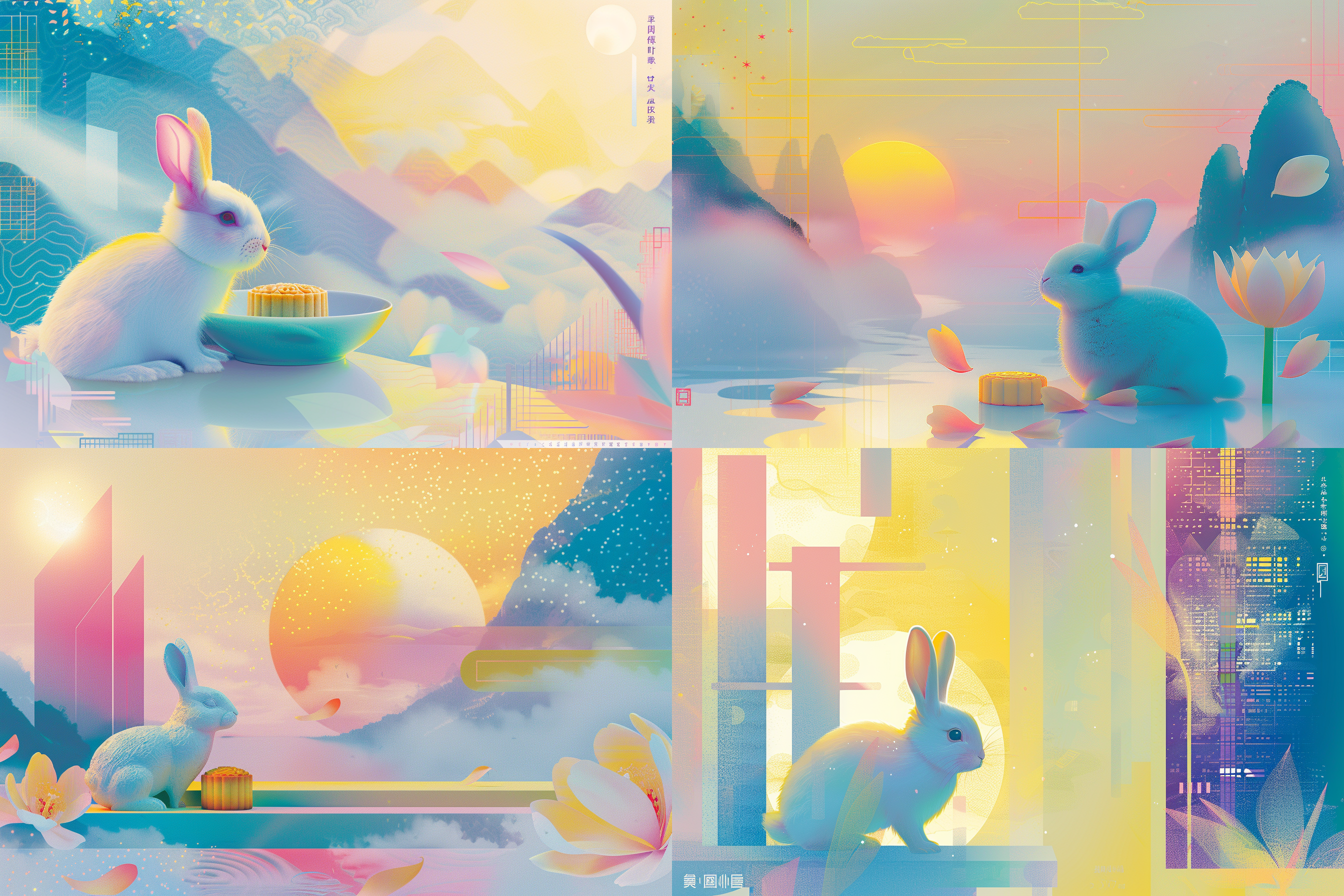 兔子手持月饼，桂花飘落，星空背景，旅游海报风格，受yuko tatsushima启发，粉彩色系，模糊梦幻插画，正义塔罗牌主题，2024年，惊艳启动画面艺术，香港，综合艺术作品，柔和光线，细腻笔触，平静表情，和谐构图，温暖氛围。