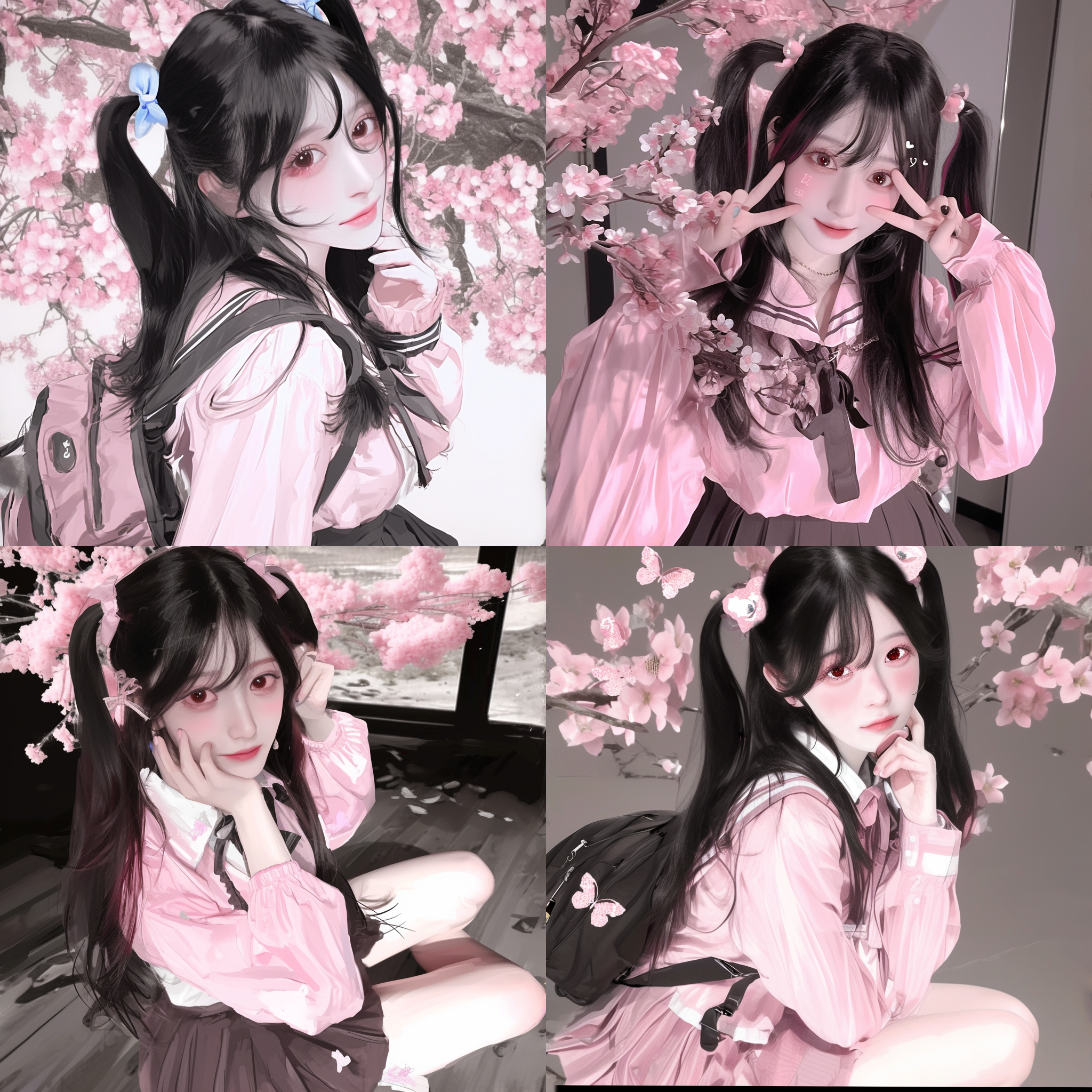 动漫二次元场景，角色设定为少女，穿着日式校服，长发飘逸，眼神充满憧憬，站在樱花树下，背景是日式庭院，风格细腻，色彩柔和，光线温暖，使用长焦镜头，浅景深，突出主体，表情生动，充满青春气息。