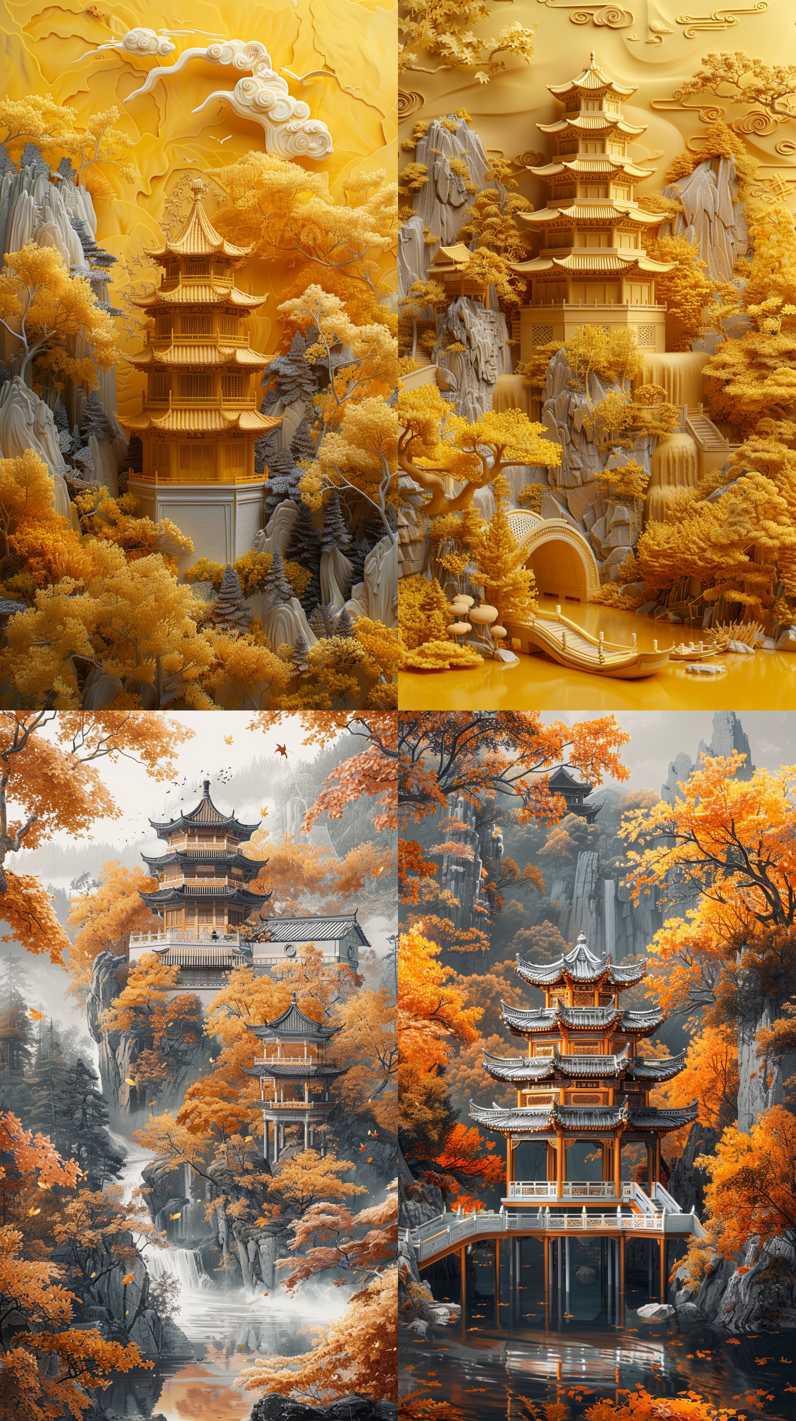 秋天的风景，茂密的树林，亭子，文昌塔，白底中国画，黄色，纸质插画：2，3d浮雕，8k，高清，
