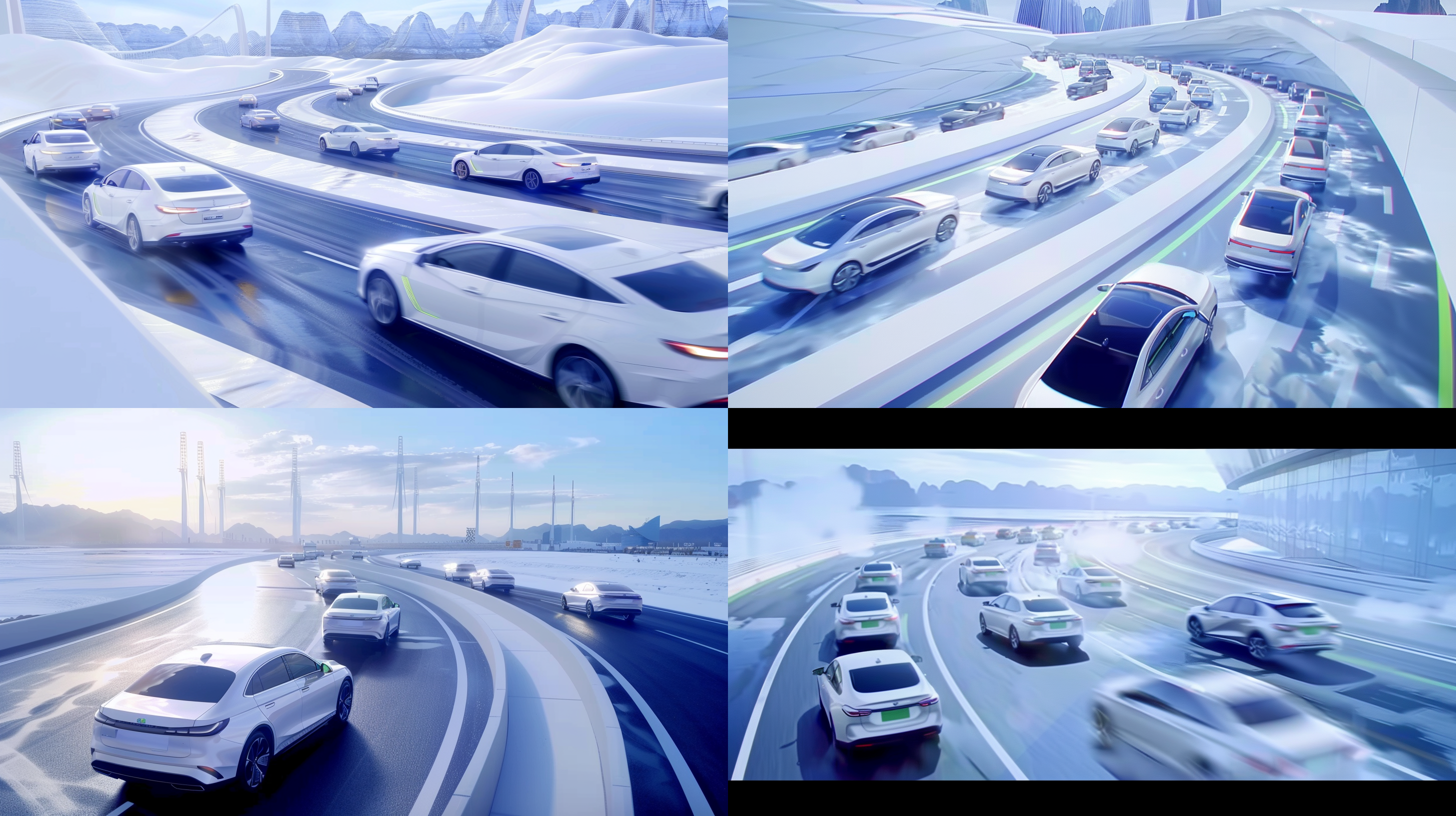 很多车堵车，长龙阵，俯视角度，道路，冷色调，长焦镜头，背光，慢快门，停滞，焦虑。 沙漠 居中构图 浅蓝 白金 鸟瞰