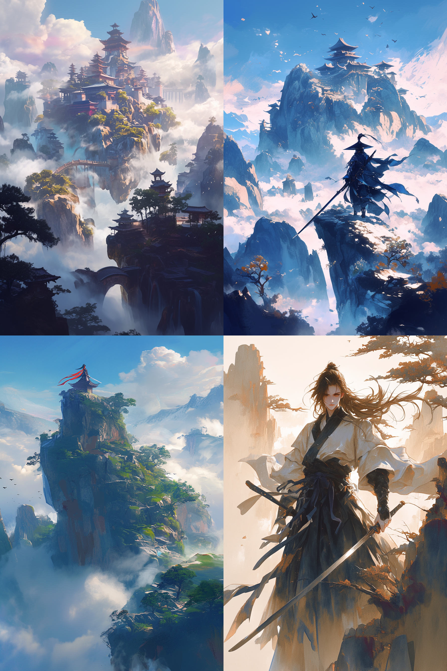 奇幻世界东方起源，神秘古风，仙侠氛围，云雾缭绕山峰，古装人物御剑飞行，长袍飘逸，表情专注，水墨画风，远景构图，柔和光线，低饱和色彩，梦幻般的光影效果，静谧与动感并存，横板，壁纸，oc渲染。