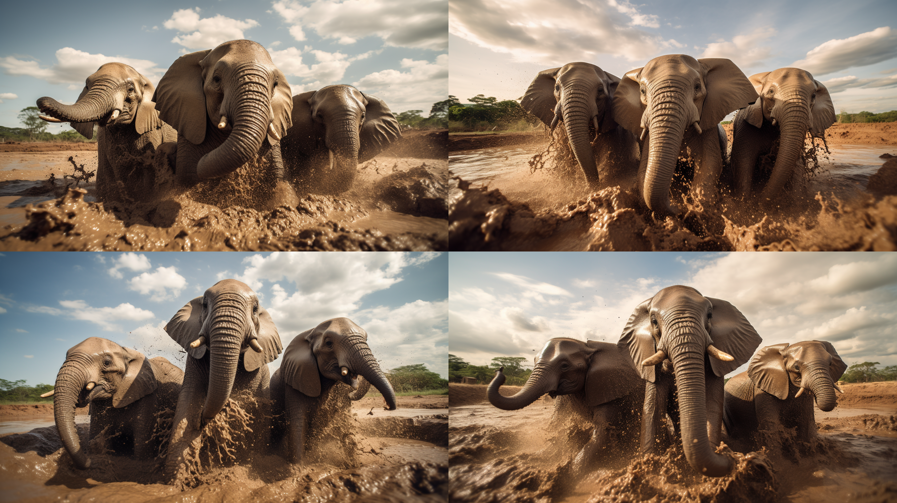 大象泥坑嬉戏，自然风光背景，低角度拍摄，大象群互动，满身泥巴，动态捕捉，广角镜头，自然光，柔和色调，欢乐氛围，动物行为。