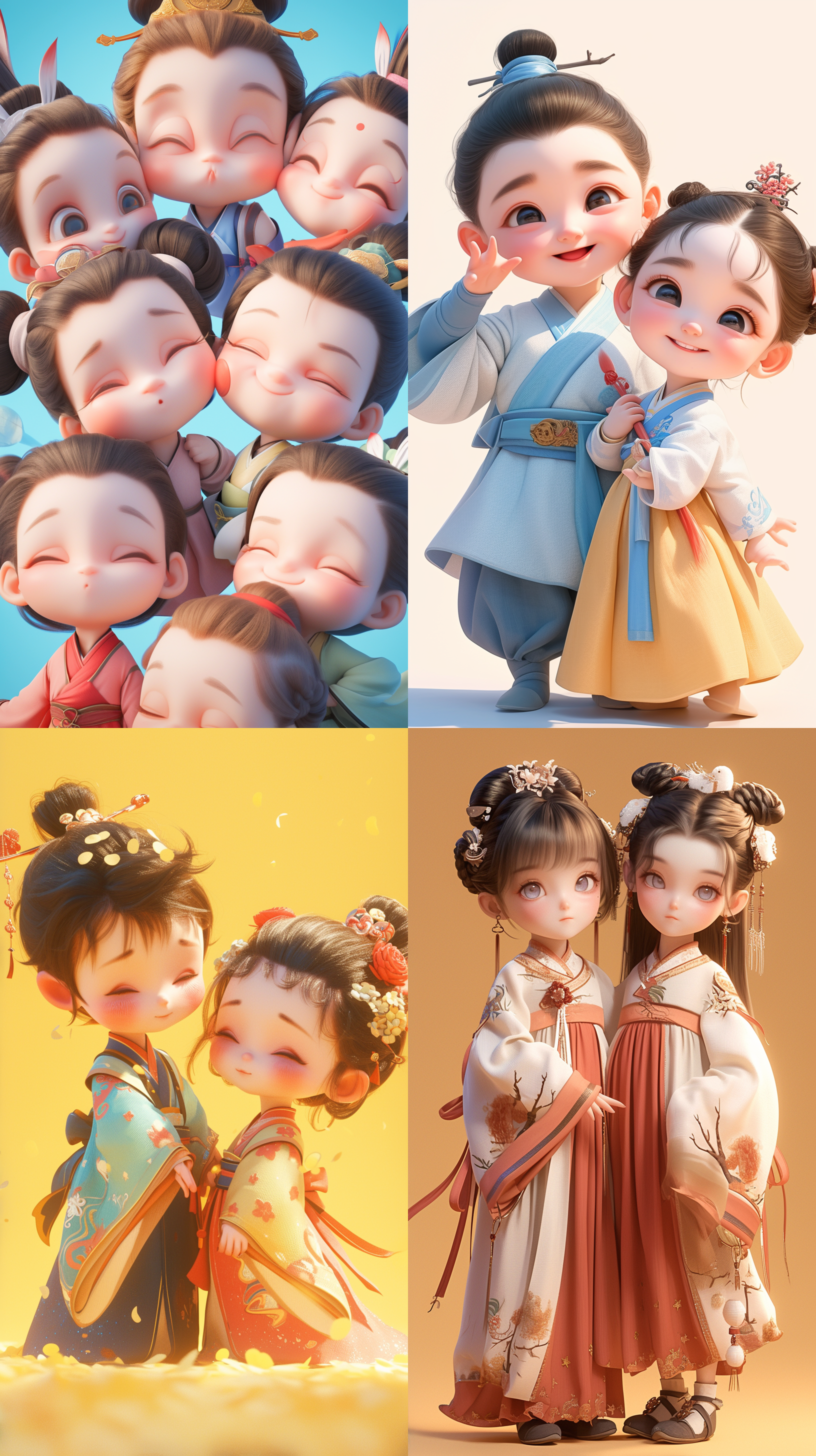 a super cute couple of babies wearing hanfu, with various sweet expressions and poses, in a cartoon style with super high definition, created with c4d for a 3d effect, showing a beautiful and elegant ancient style, with delicate details and charming colors, an emoji set full of love and tenderness