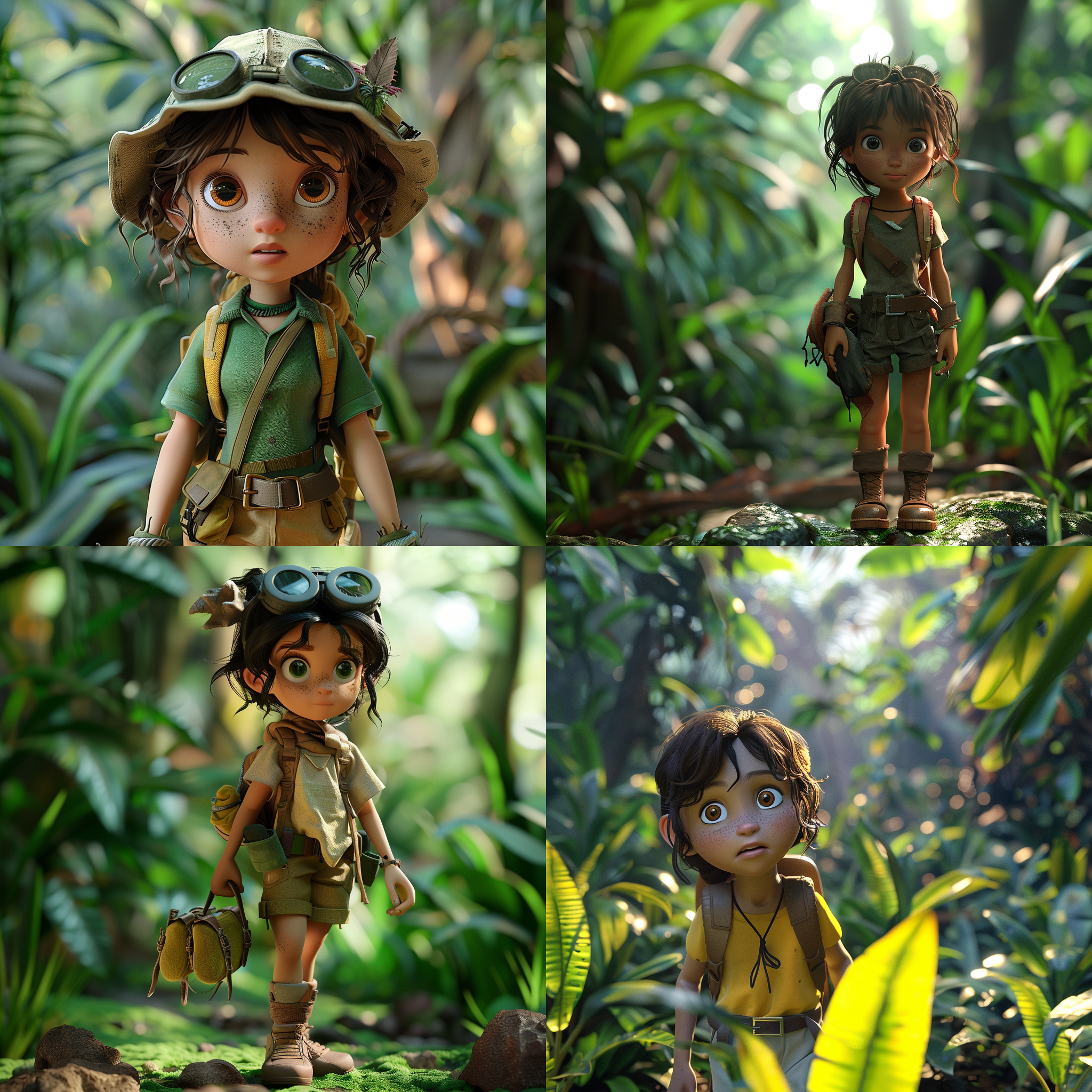 7岁冒险小女孩，亚马逊丛林，黏土雕塑动画，c4d, oc渲染器，全身细节，电影照明，自然光，绿色调，好奇表情，探险装备，动态捕捉，高清质感。