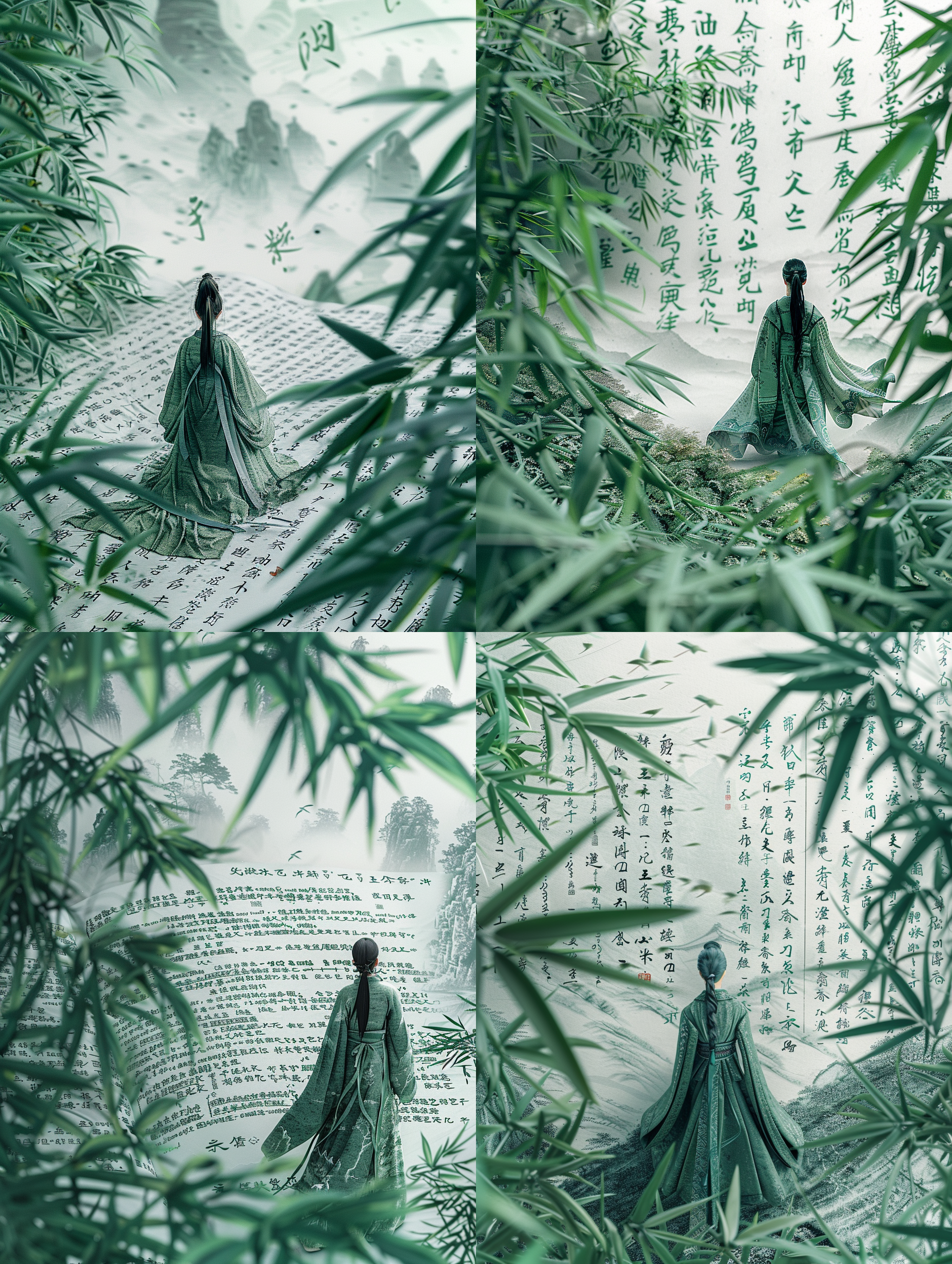 年轻侏儒穿中国传统服装，站巨大弯曲页面上，竹林环绕，中国古代极简主义绘画，清新绿色，毛笔字符填满书页，中国书法艺术，安静沉思场景，高清超现实主义，真实视图，微型摄影，宏伟场景，白色背景，高清超逼真，艺术空间感，细致柔和流动