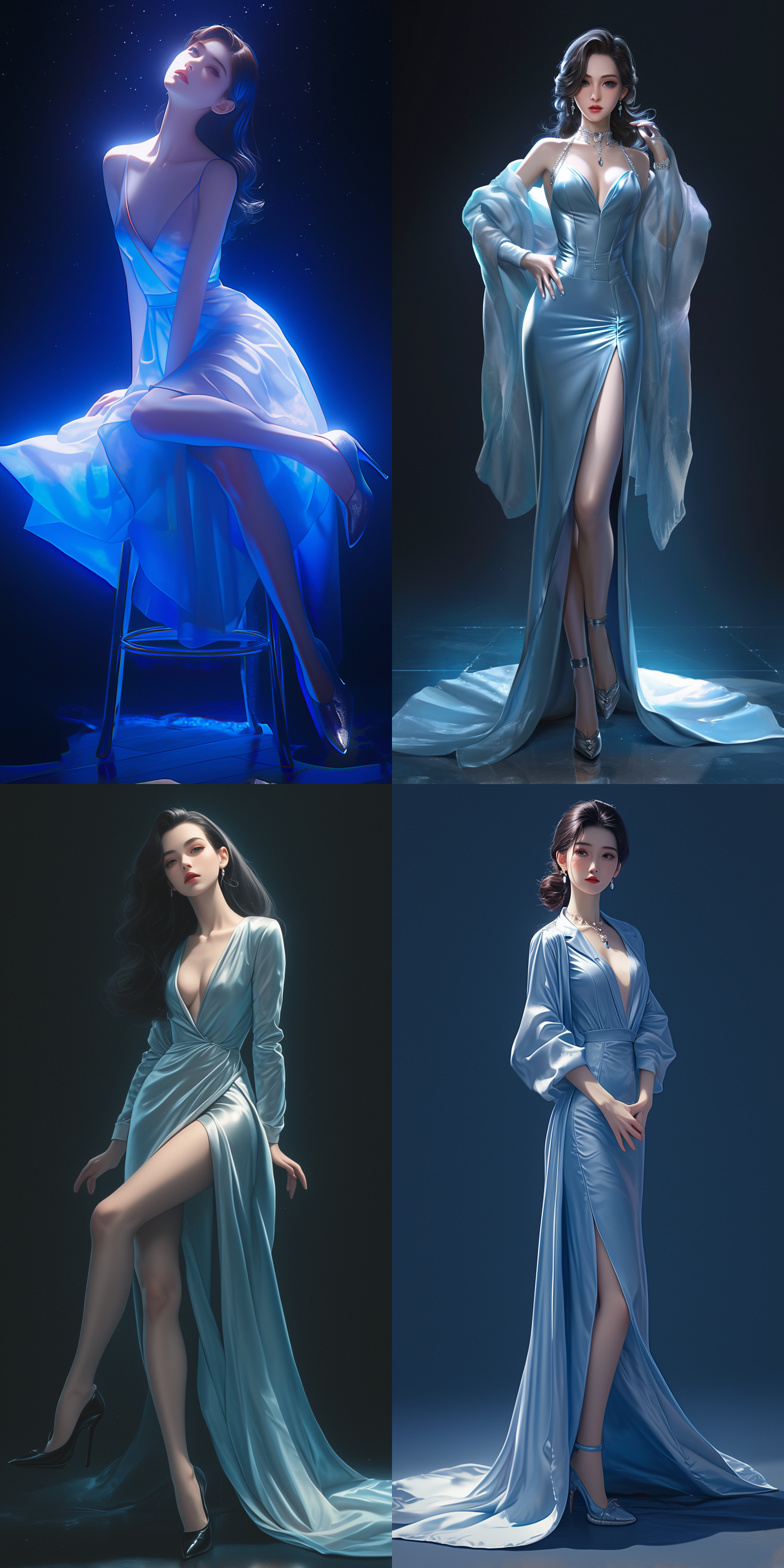 黑色背景，一个美丽的亚洲女孩，长的很像奥黛丽赫本，漂亮的脸蛋，长发，浅蓝色色v领长款丝绸礼服，身材修长，脚穿高跟皮鞋，全身镜头，全景，舞台灯光、8k，摄影风格，丝绸