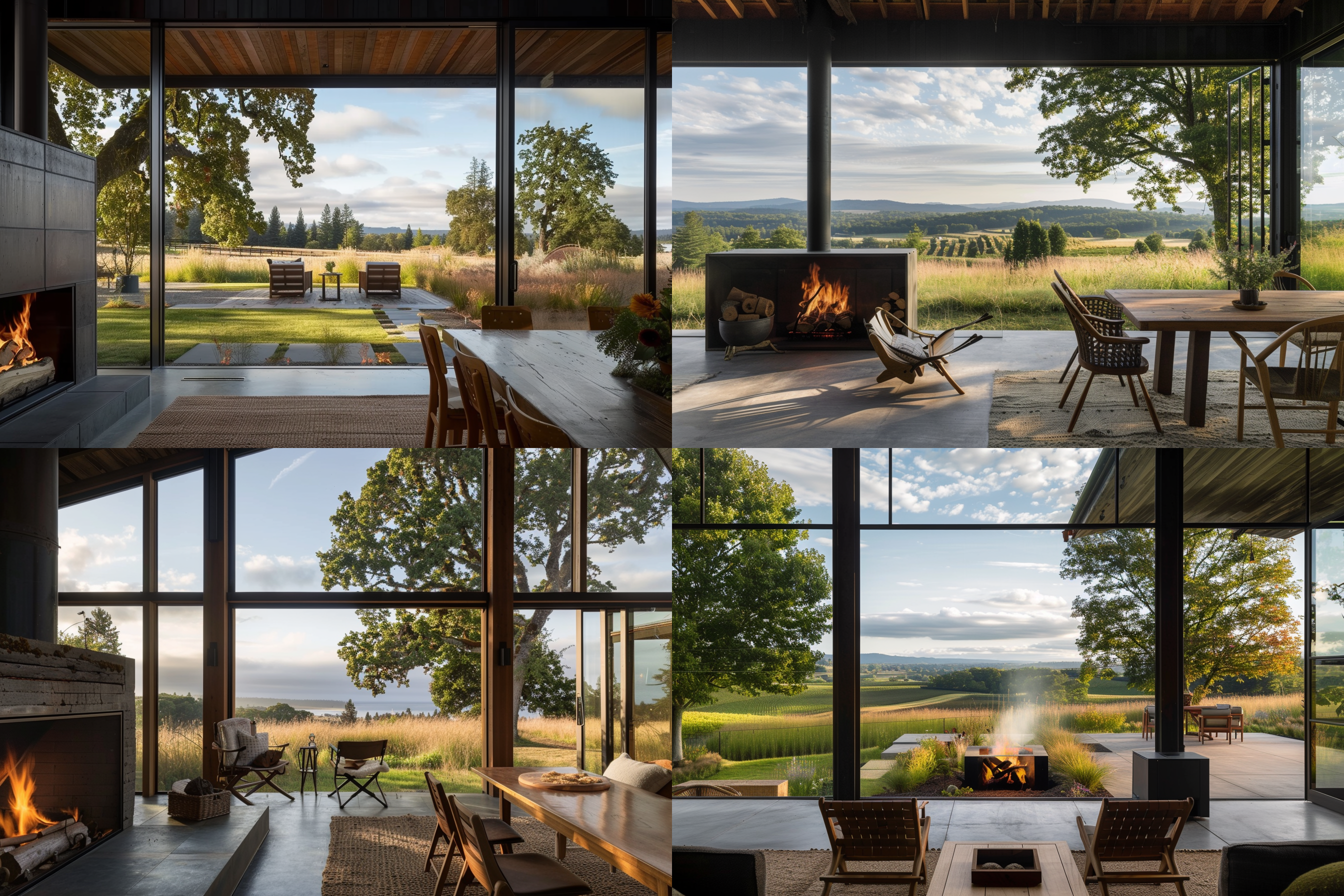 风景中的宁静午后，室内透过窗户可见室外，壁炉旁，木质桌椅，窗外蓝天白云，草地绿意盎然，树影婆娑，日光柔和，壁炉火光温暖，室内外对比，自然光，广角镜头，低饱和度，静谧氛围。 法式乡村