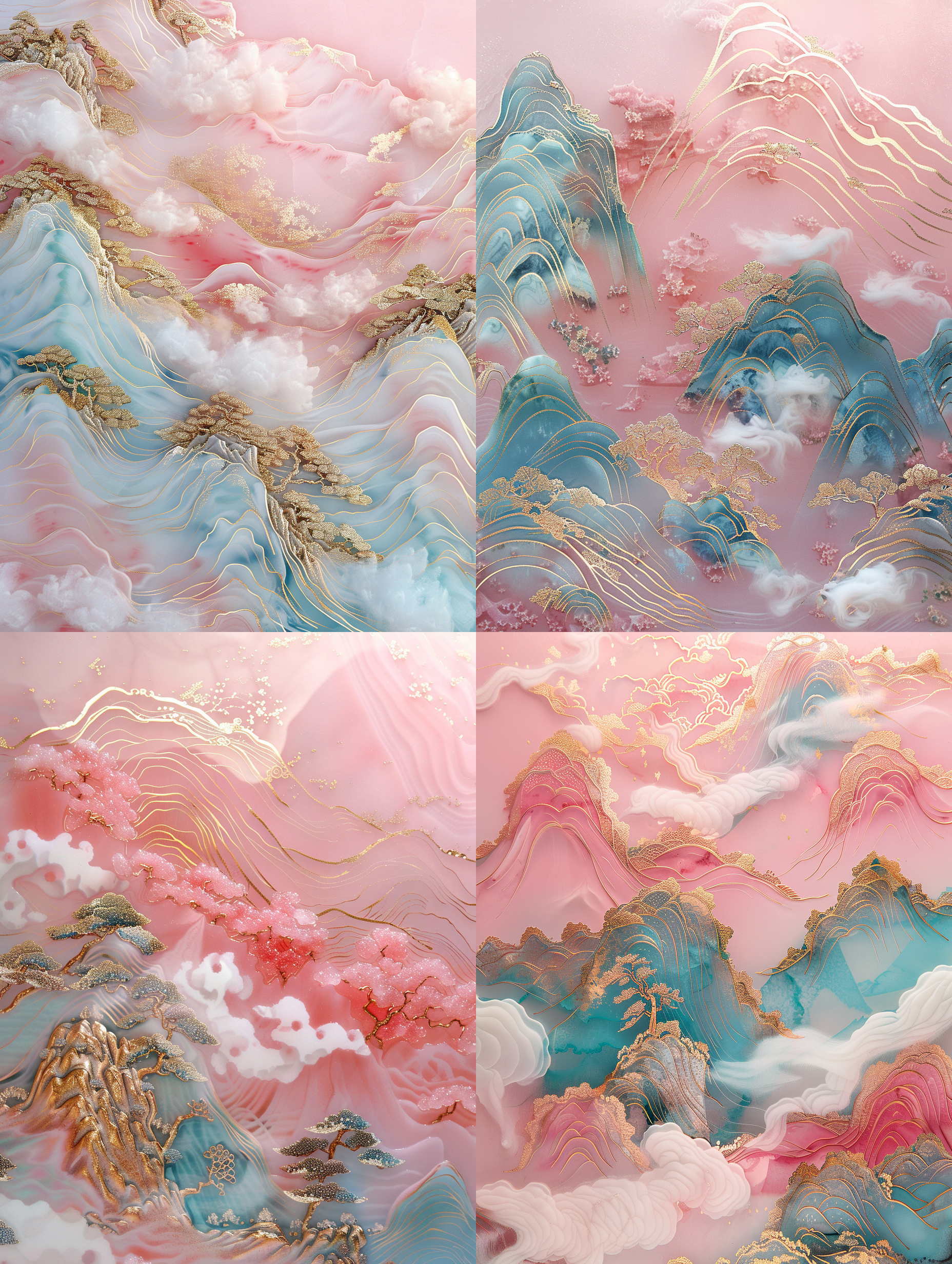 gold inlaid jade carving, an ultra wide shotof pink and blue waves with golden lines,mountains composed of clouds, in the styleof a chinese landscape painting, soft colorsa pink background, white smoke, white goldpowder, meticulous brushwork, soft lightand shadow, and exquisite details. gold foilis scattered on the picture surface, adding tothe overall beauty