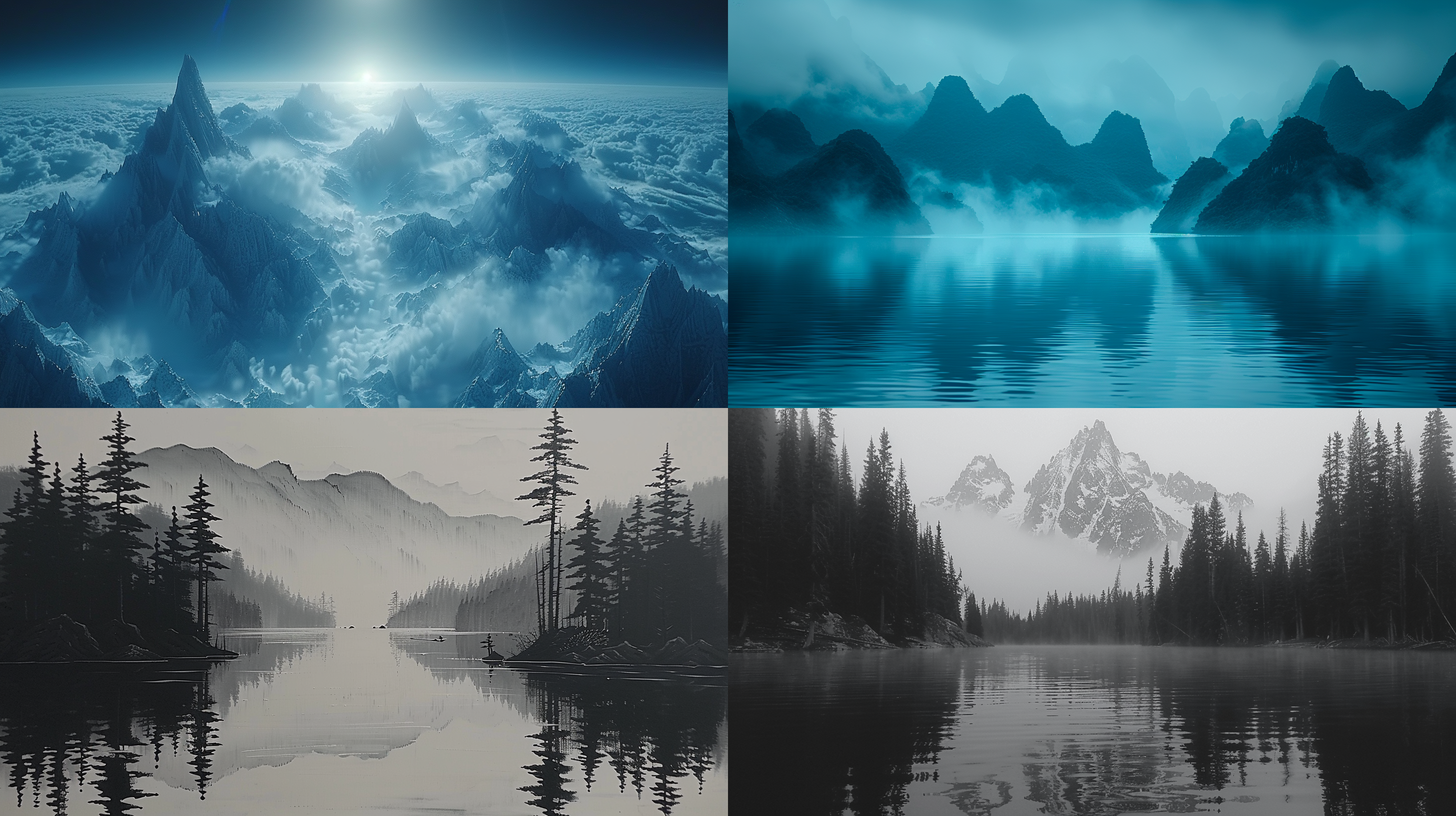 中国山水画，梦幻水墨风，神明仙子，华丽仙境，唯美意境，山水交融，中国传统文化，古风质感，神秘色调，绝美画面，东方美学，神仙仙境，游戏风格，帅气神明，质感细腻。