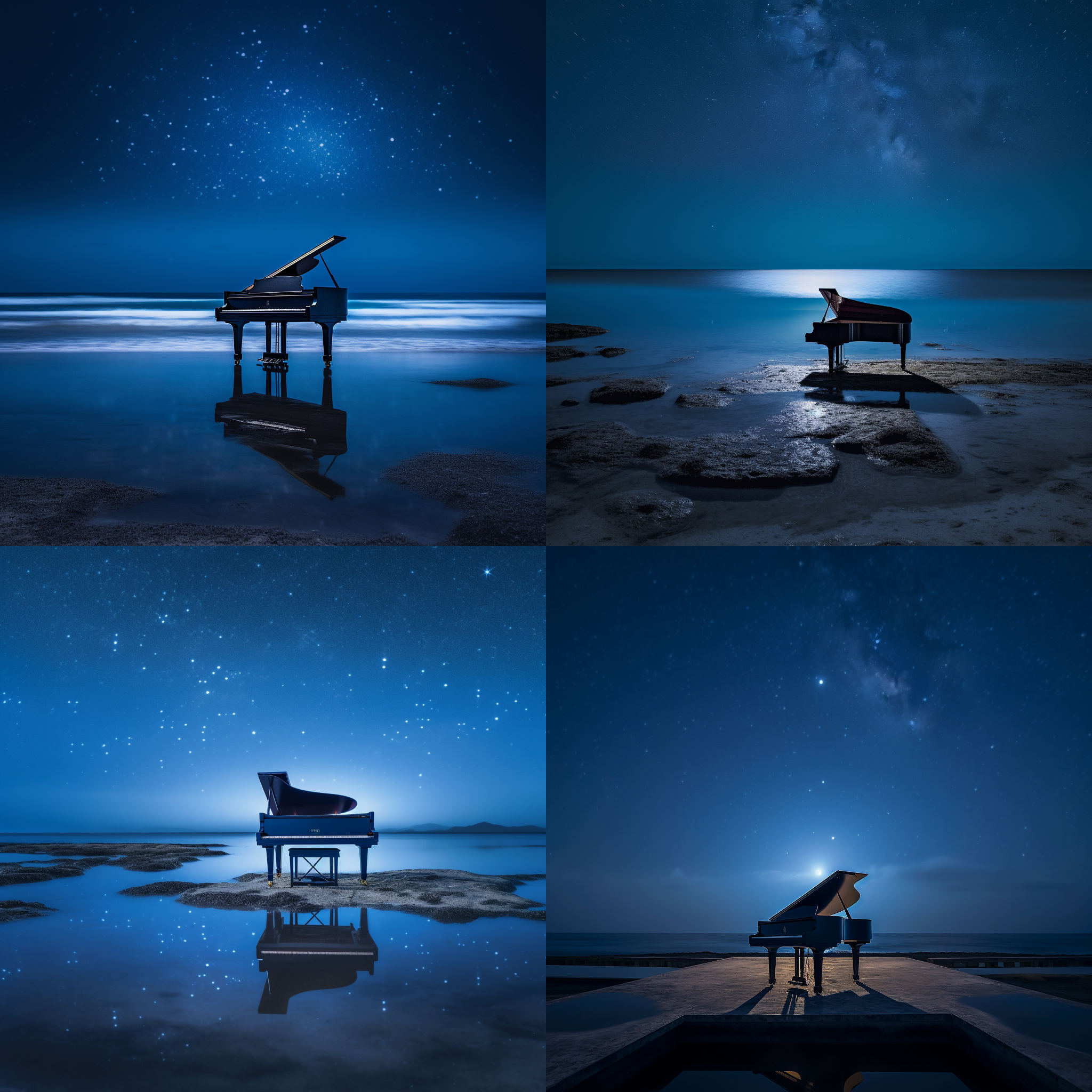 蓝色大海边，钢琴静立，空旷空间，深蓝天空繁星，简洁风格，光影交错，长曝光，广角镜头，冷色调，宁静，梦幻。