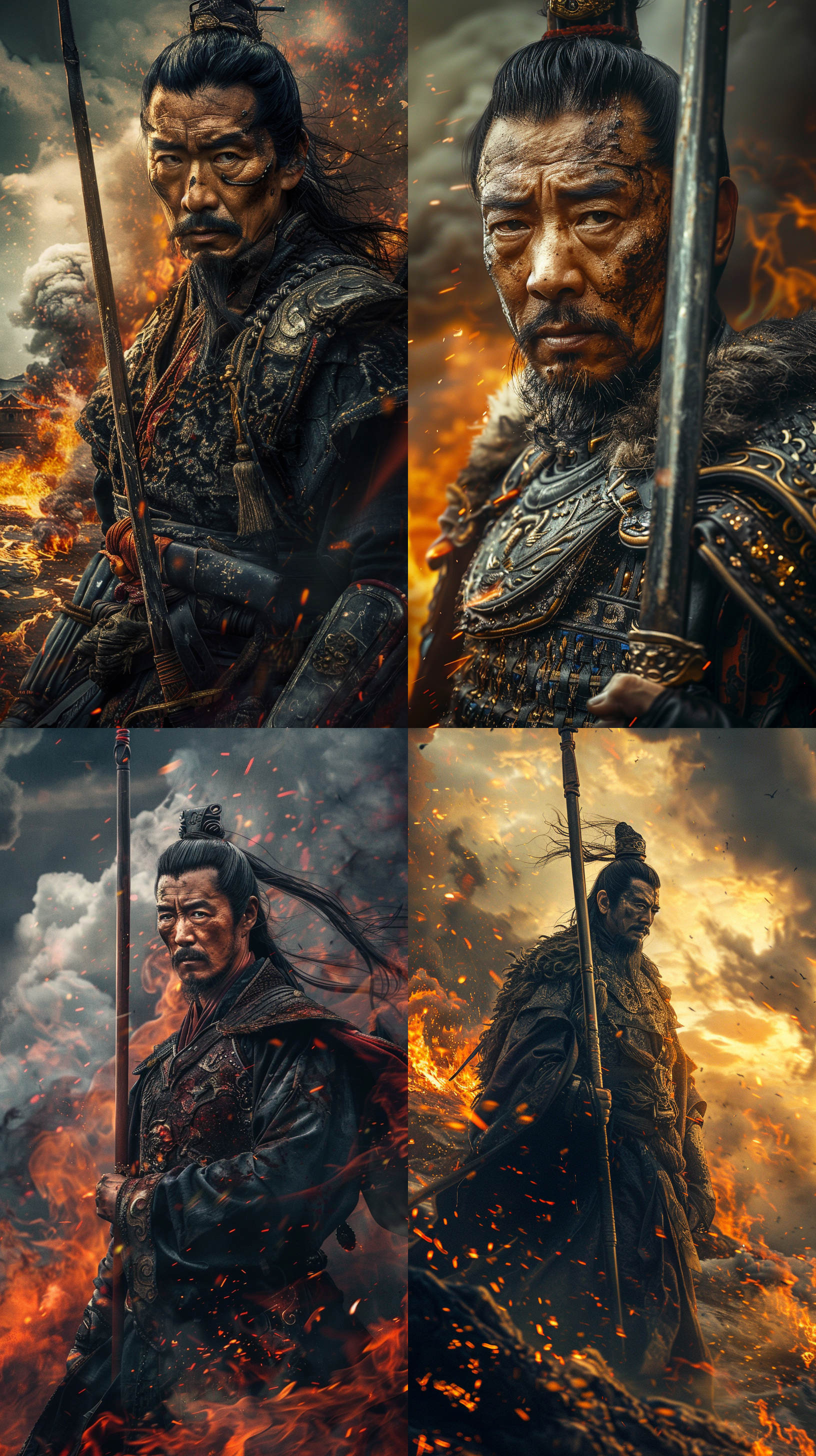 中国将军岳飞，战士，面向镜头，手握长枪，近景拍摄，海边，熊熊大火，阴云密布，高清，张艺谋电影海报，摄影，8k，高清