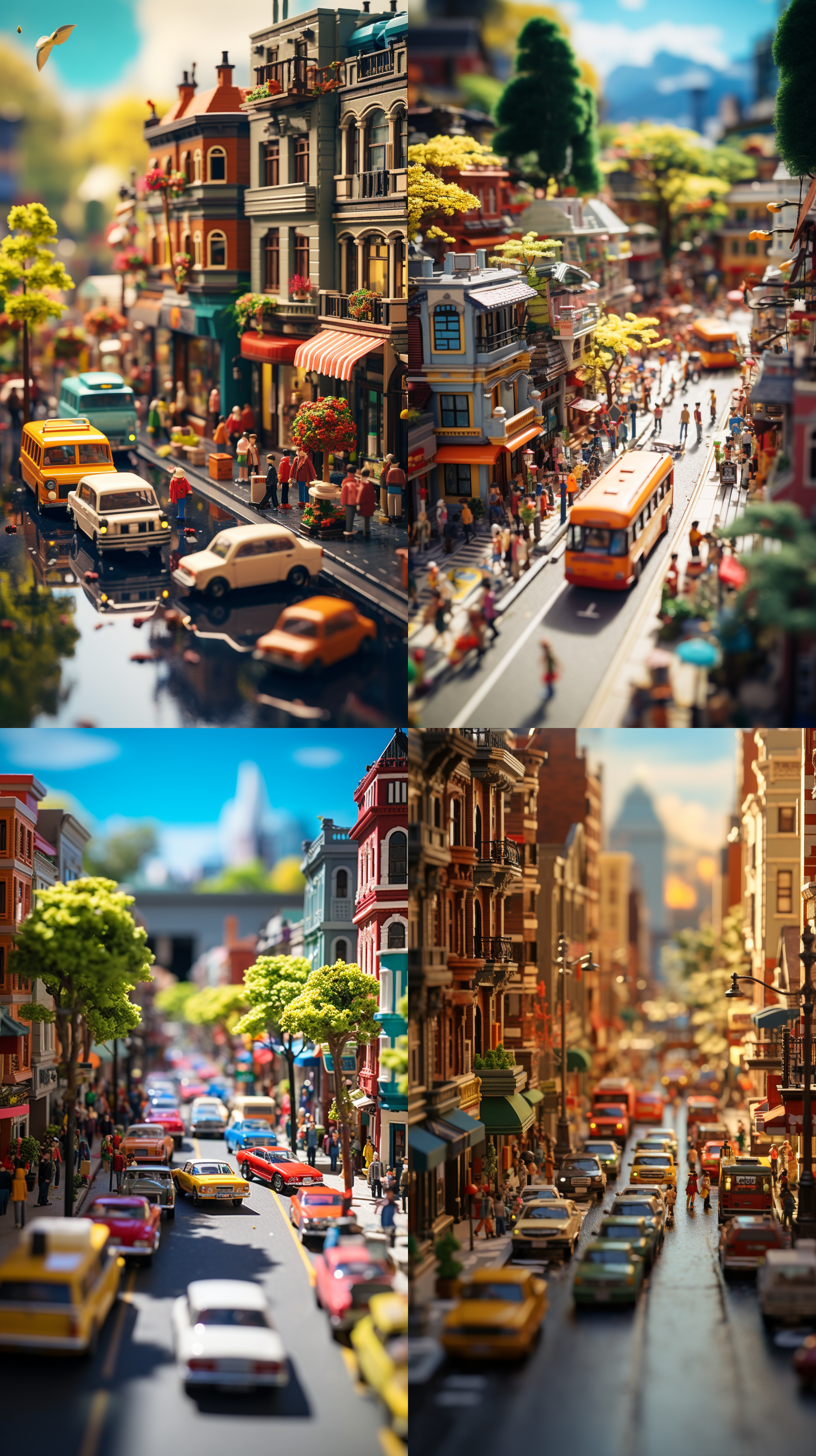 倾斜移轴效果，8k分辨率，超细节，城市街道，微缩模型风格，浅景深，明亮色彩，阳光直射，动态模糊，行人匆匆，车辆穿梭，生动活泼。