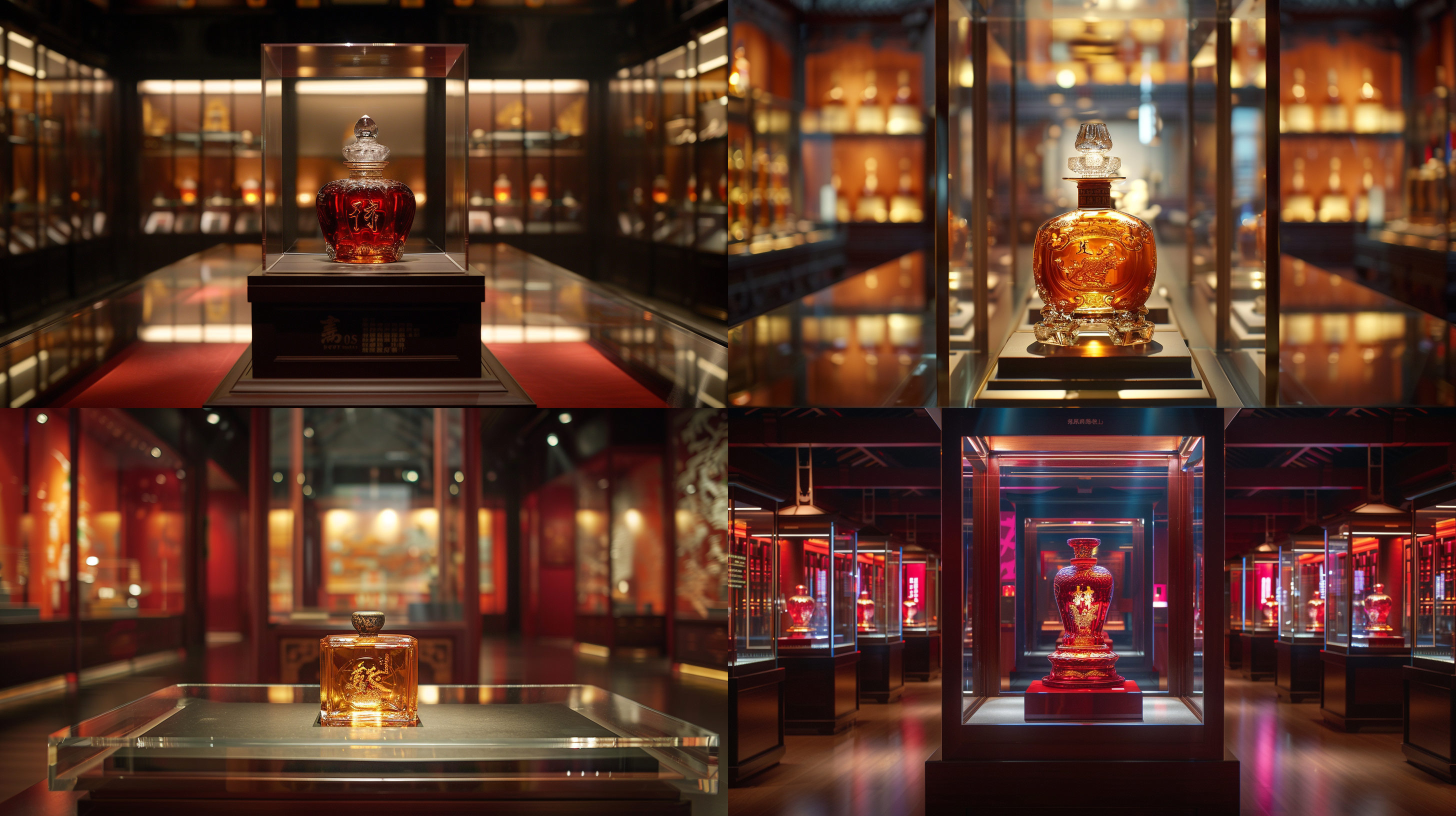 博物馆升降展台正面，灯光聚焦，水晶玻璃罩内展示昂贵中国酒，茅台居中，大景深，8k分辨率，真实细节，柔和顶光，反射光，高清镜头，静谧氛围，深色调，珍贵感。