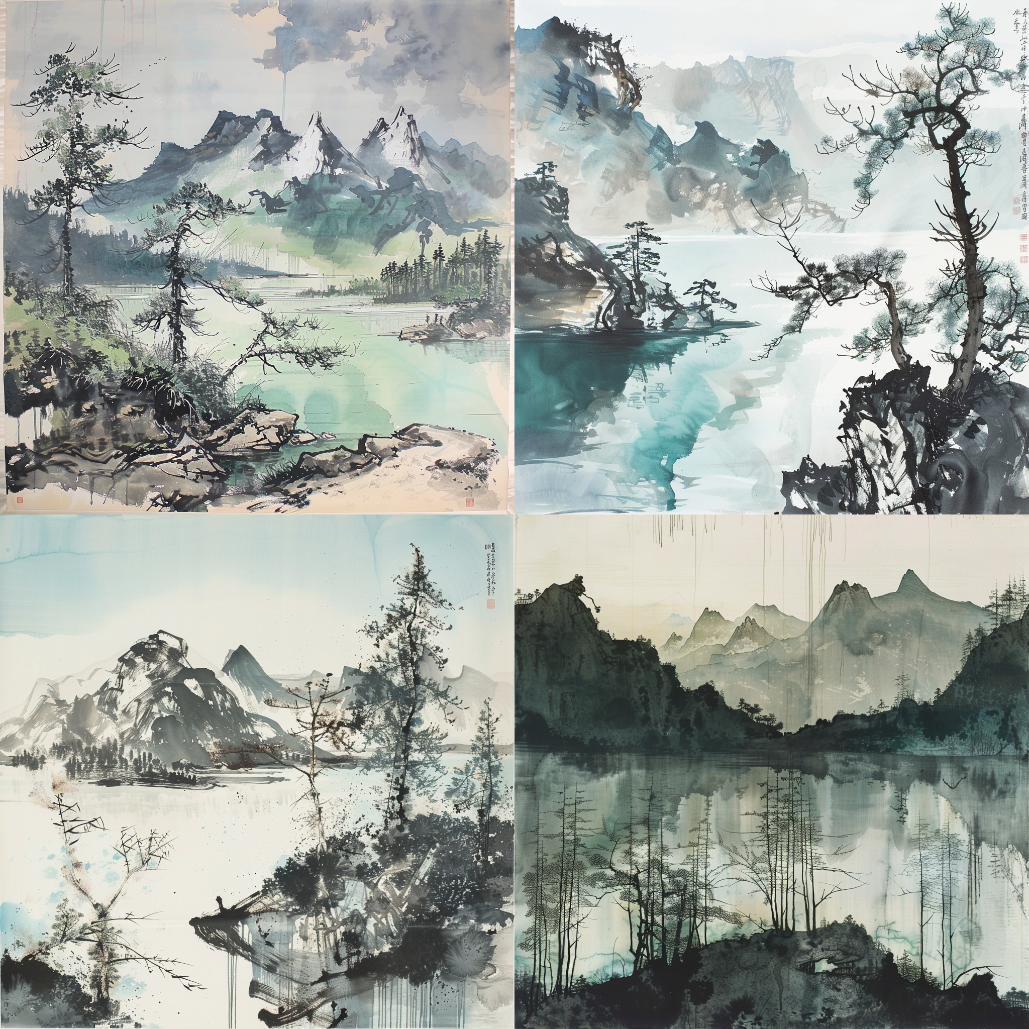 中国水墨画山水，吴冠中风格，青山绿水，枯树苍松，细腻笔法，淡雅色调，传统元素，意境深远，宁静悠远，长卷构图，墨色层次分明，水墨渲染，自然光影，静谧氛围。