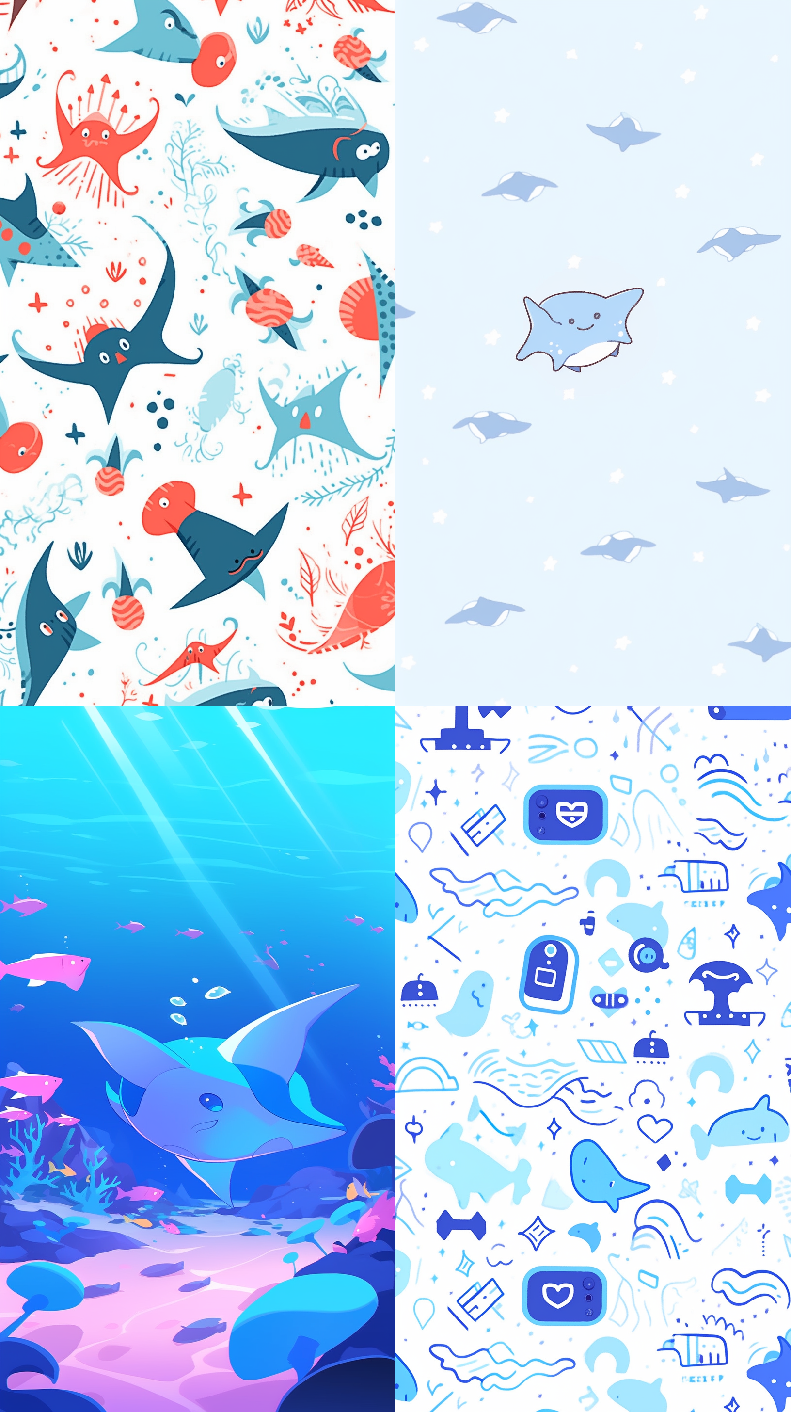 a cute cartoon ip image, flying manta rays icon, swimming in the sea, behind coral, blue light blue, starfish, illustrations, white background, (minimalist illustration), bold lines, keith haring style, mixed pattern, text and emoji device 8k