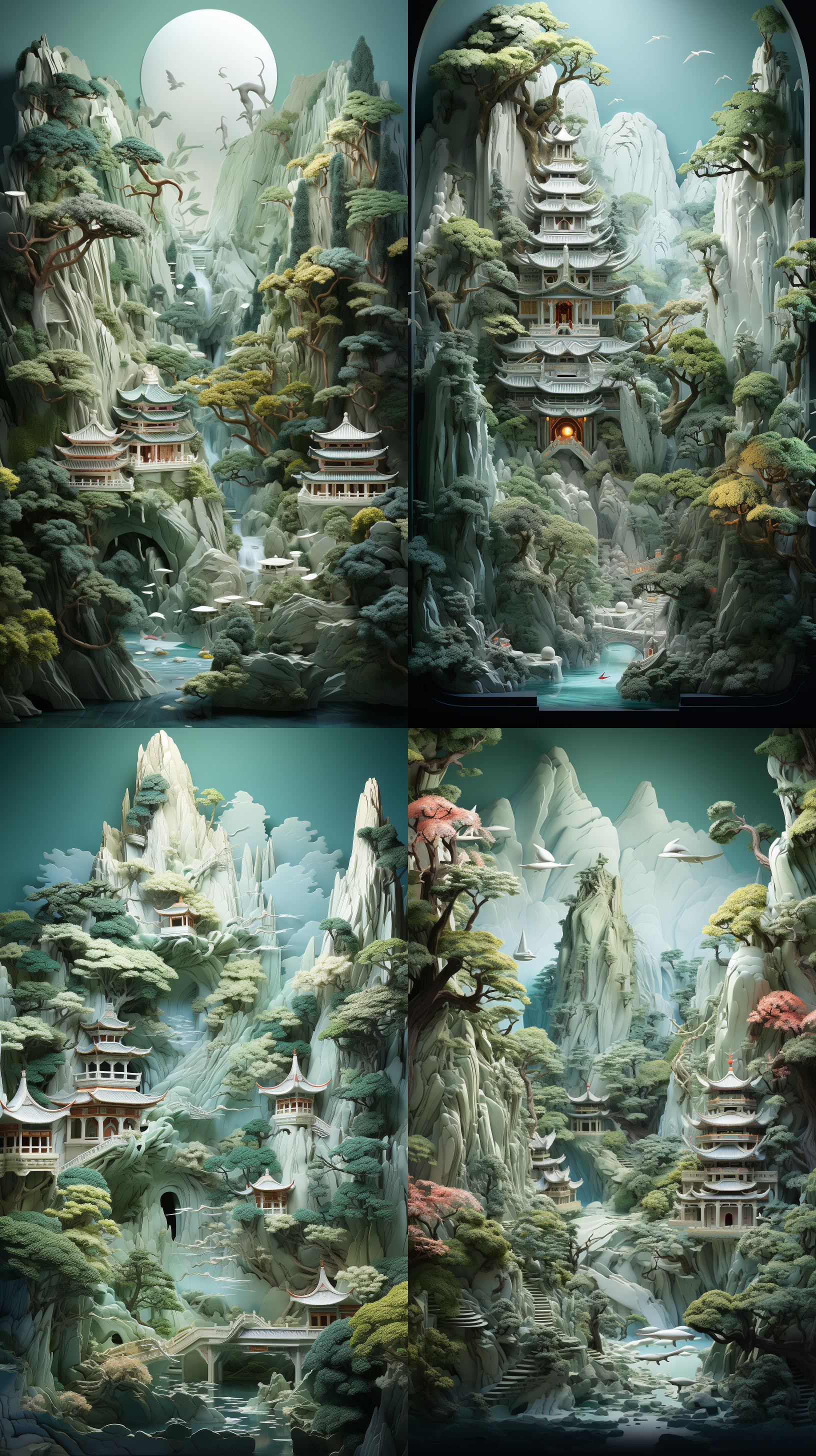 夏天的风景，茂密的树林，亭子，文昌塔，白底中国画，绿色，纸质插画：2，3d浮雕，8k，高清，