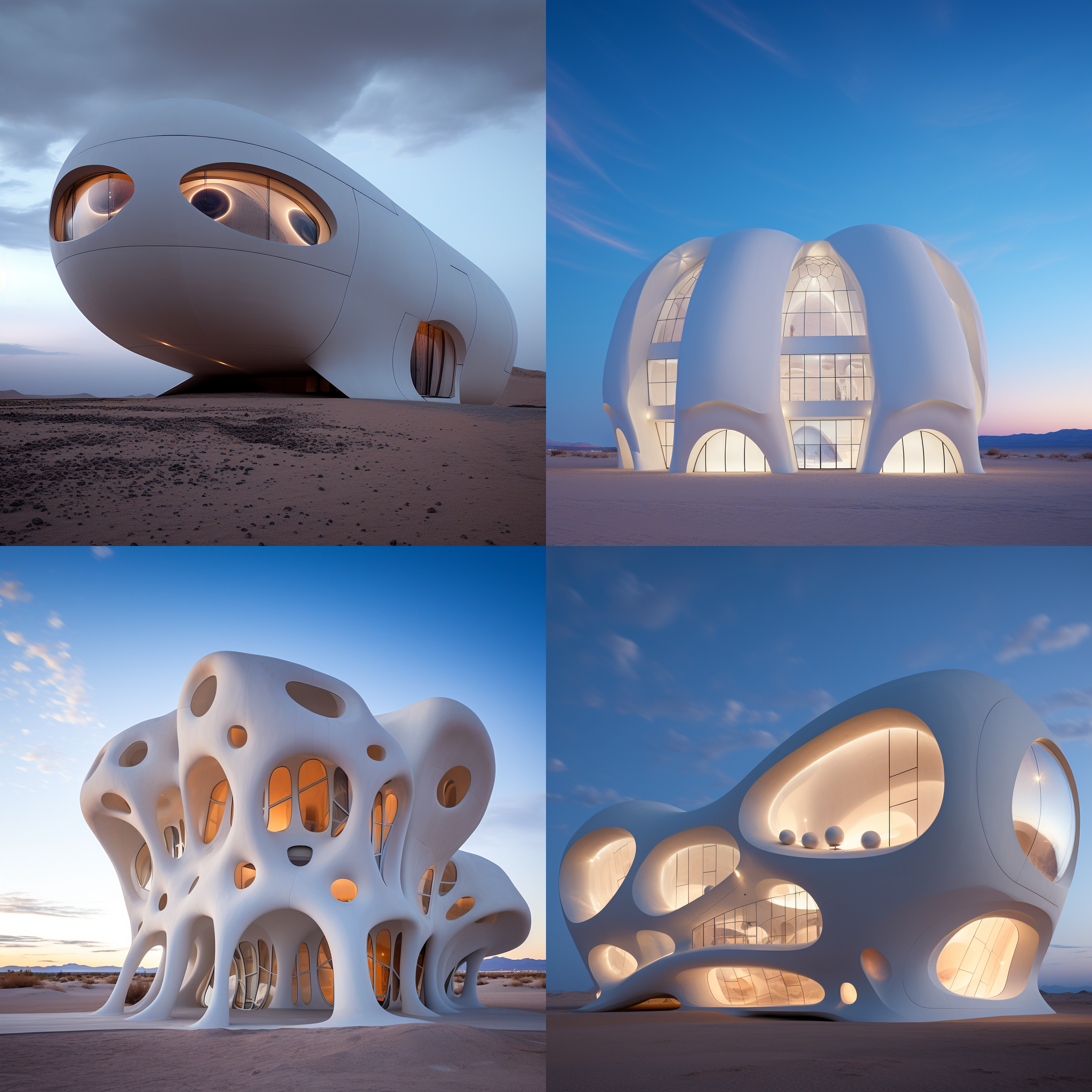 仿生白色建筑，沙漠中，窗户如苍蝇眼，彩色光芒，风吹沙痕，场景干净，颜色对比强烈，自然光，广角镜头，低视角，建筑摄影，现代感，科技感，静谧，神秘。