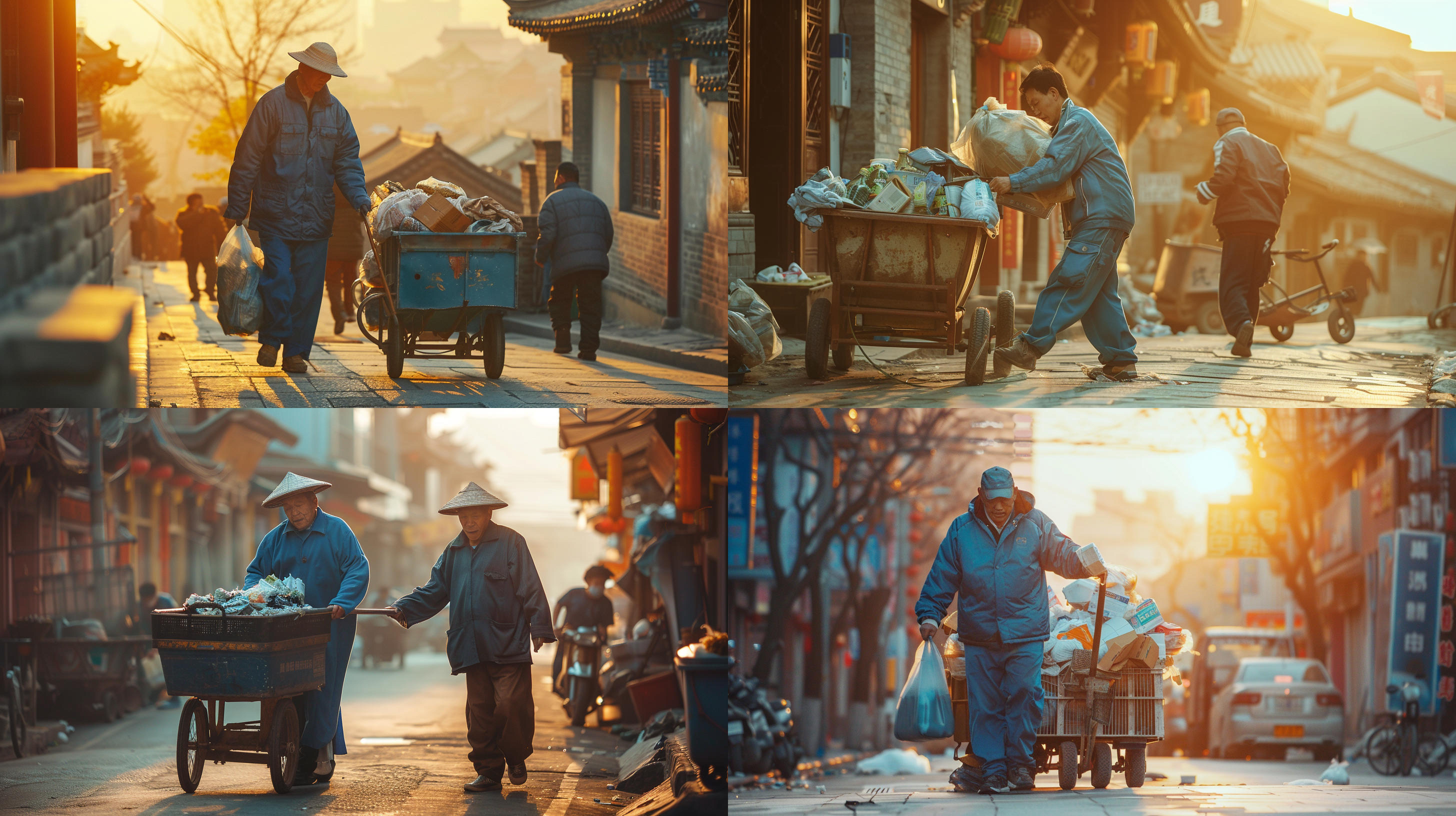 蓝色衣服中国男人帮拾荒者推车上坡，逆光，温暖色调，8k分辨率，真实细节，自然光，长焦镜头，动态捕捉，互助，和谐，城市背景。